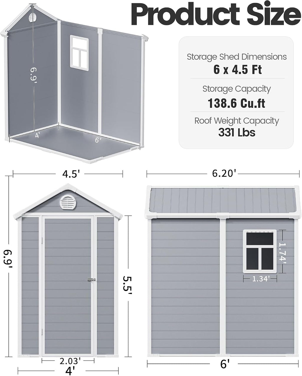 6x4.5 Resin Outdoor Storage Shed with Enhanced Roof Runoff & Floor, Secure Hidden Screws Design, Durable Build for Deck, Pool Supplies, and Versatile Storage, Aritic Light Grey