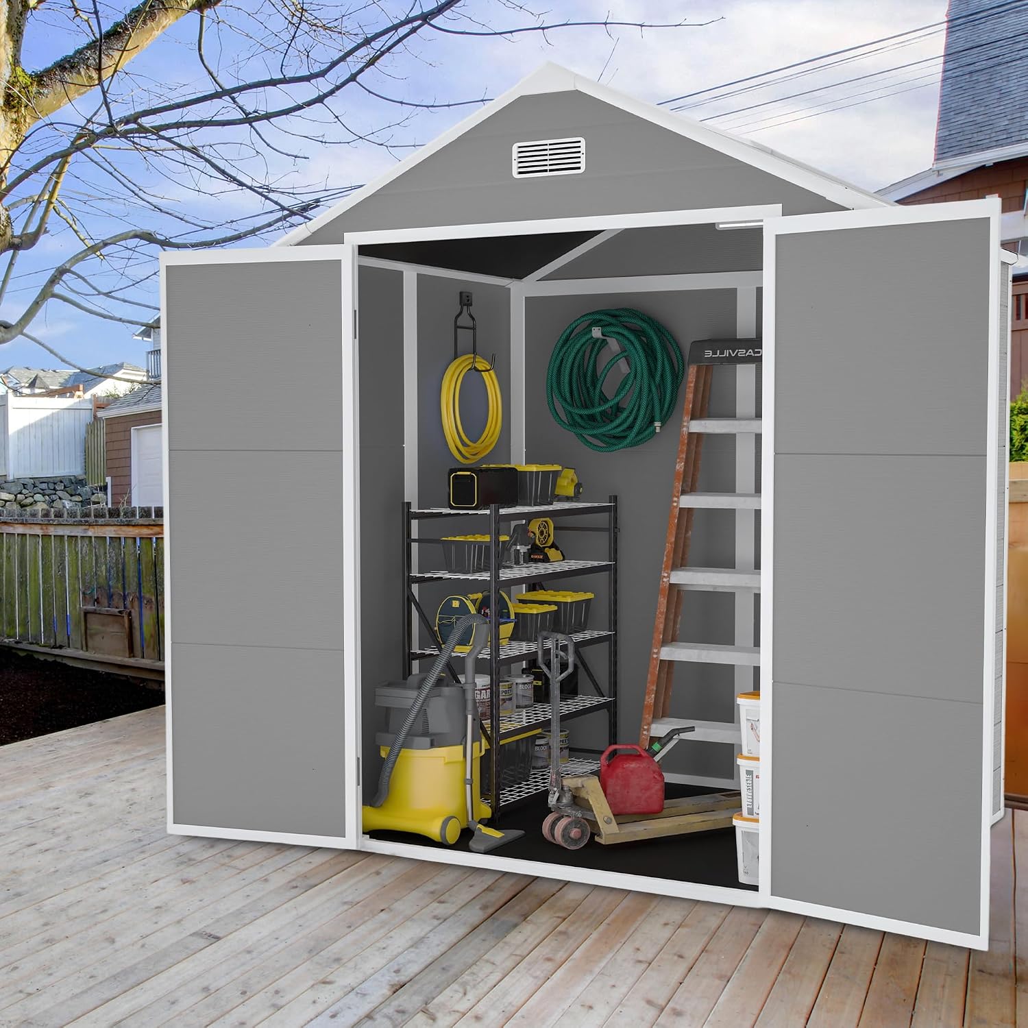Resin Storage Shed 6x5ft, Outdoor Storage Sheds with Floor, HD Window, Lockable Doors and Vents, Tool Shed for Bike, Garden, Backyard,Lawn, All Weather Use (Grey, 6 * 5ft)