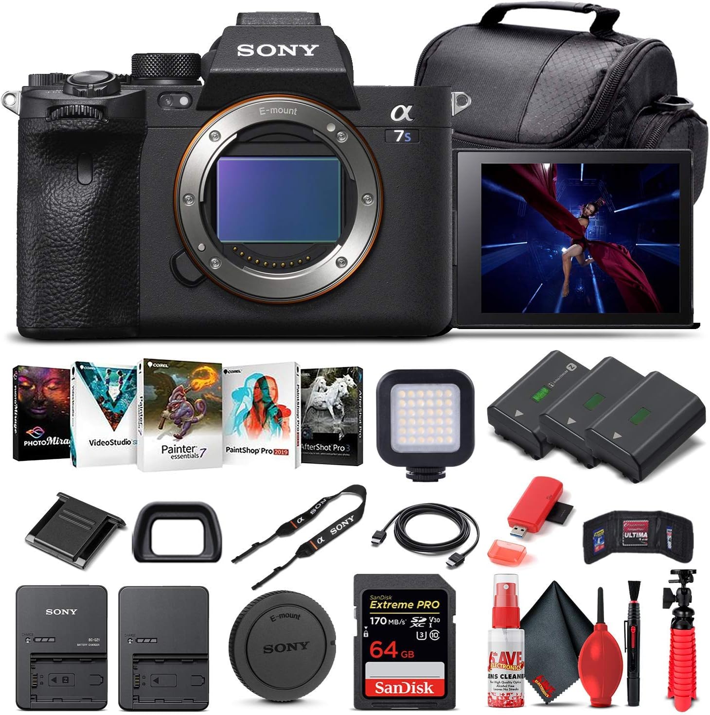 Sony Alpha a7S III Mirrorless Digital Camera (Body Only) ILCE7SM3/B + 64GB Memory Card + 2 x NP-FZ-100 Battery + Corel Photo Software + Case + Card Reader + LED Light + More (Renewed)