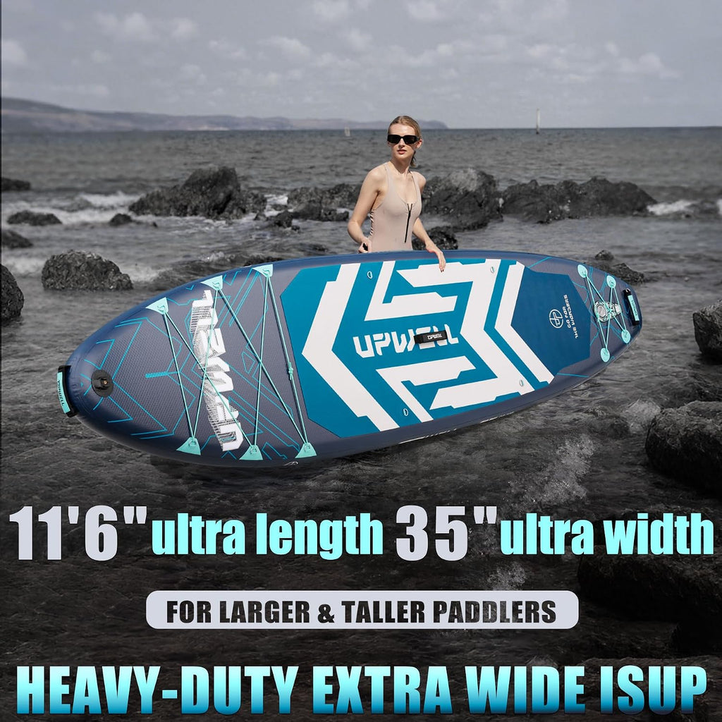 UPWELL 11'6'×35' Extra Wide Inflatable Paddle Board, Stand Up Paddle Board for Youth & Adults, Stable Design, Premium SUP Accessories, 120L Backpack, 10L Dry Bag, Paddle, Leash, Hand Pump, US Fins