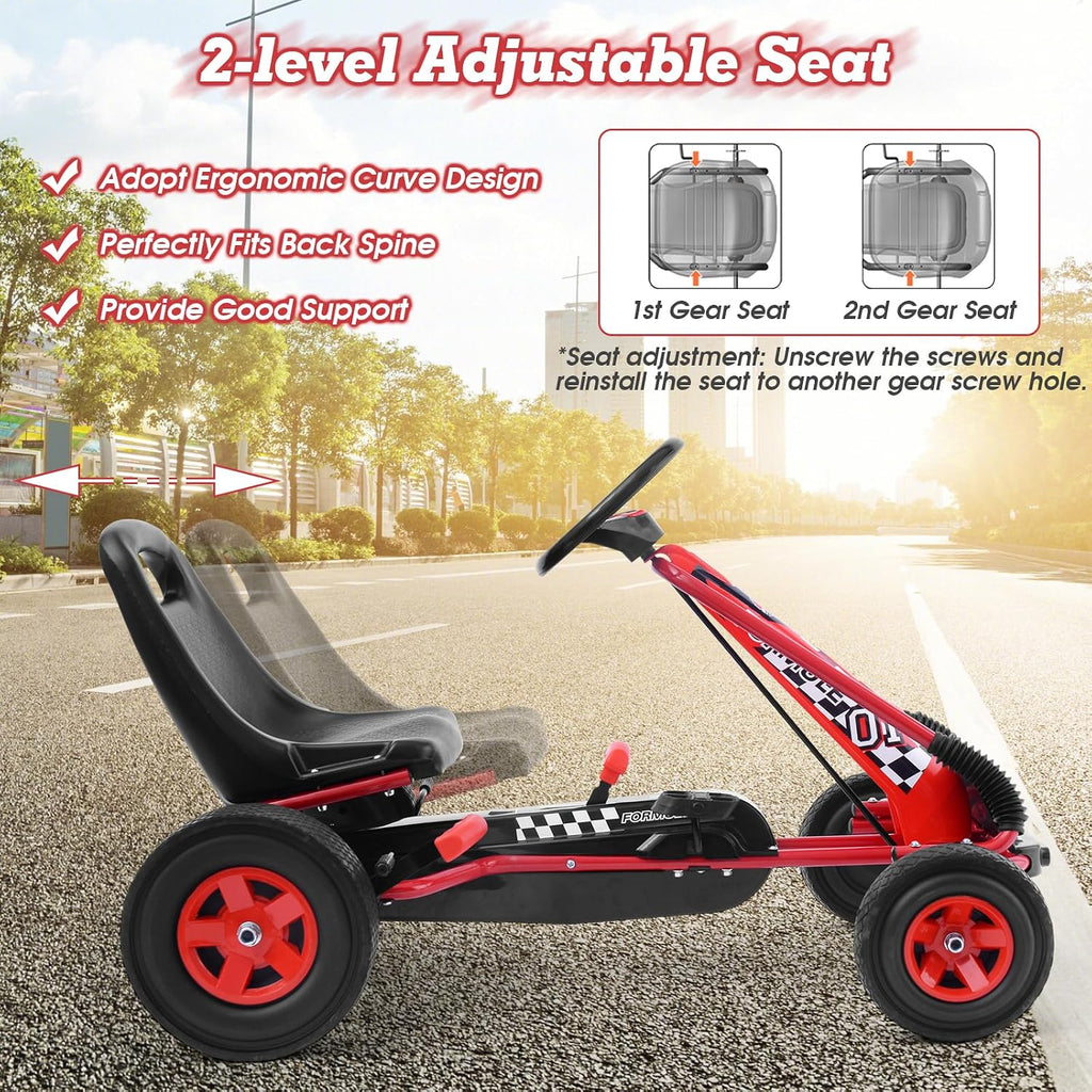 HONEY JOY Go Kart for Kids, 4 Wheel Quad Off-Road Pedal On Foot Go Cart w/Steering Wheels & Adjustable Seat, 2 Safety Brakes, EVA Tires, Clutch, Outdoor Racer Ride On Pedal Car (Red)