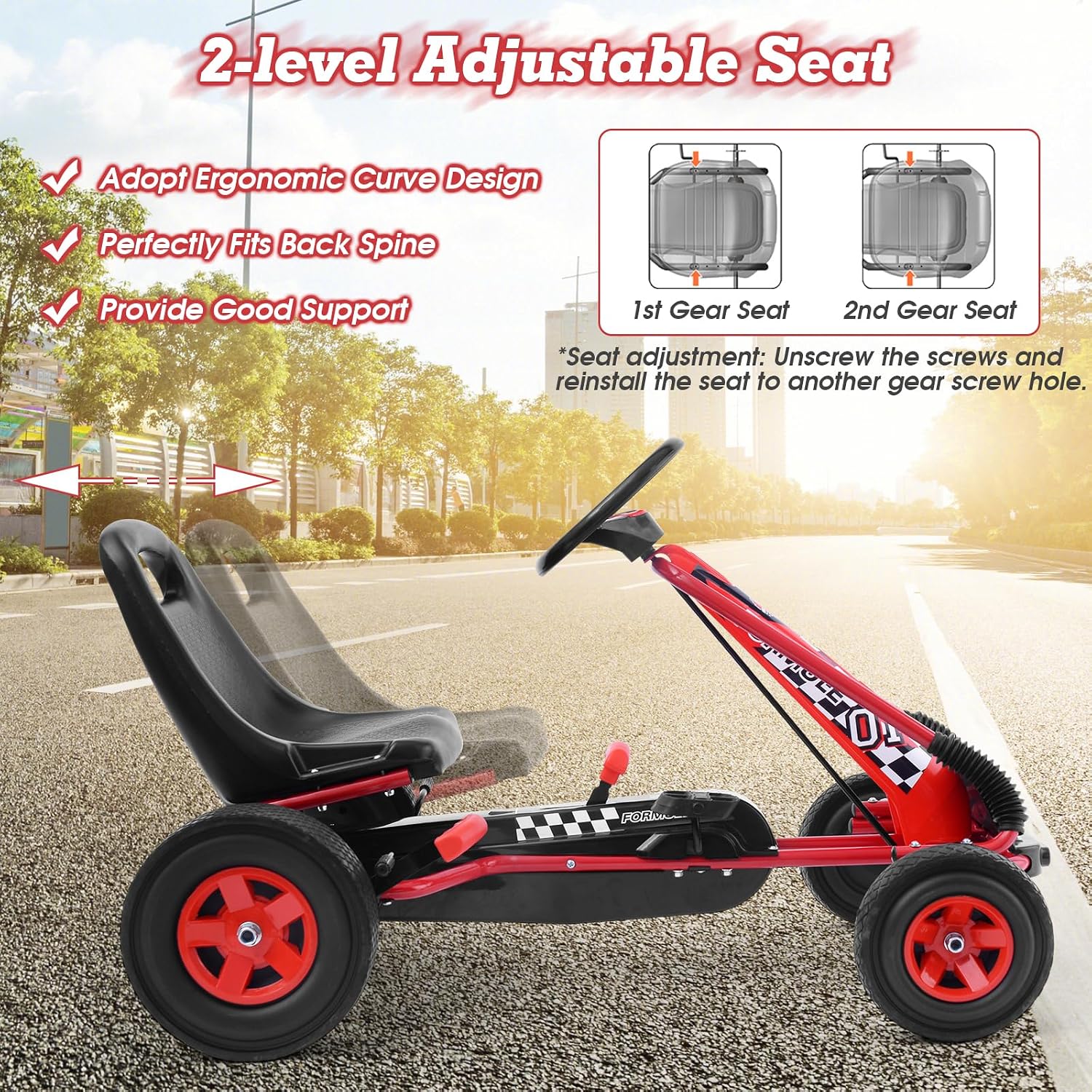 HONEY JOY Go Kart for Kids, 4 Wheel Quad Off-Road Pedal On Foot Go Cart w/Steering Wheels & Adjustable Seat, 2 Safety Brakes, EVA Tires, Clutch, Outdoor Racer Ride On Pedal Car (Red)