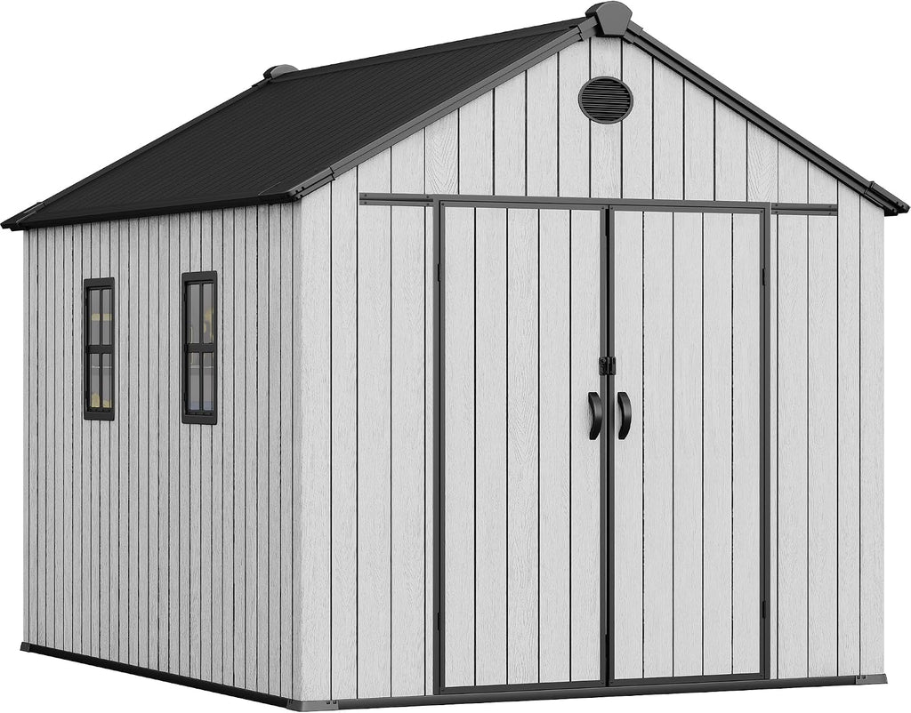 YITAHOME 8x10 FT Outdoor Storage Shed with Floor, Extra Thick Plastic Garden Shed for Bikes Tools Supplies, Waterproof Resin Shed with Lockable Doors, 2 Vision Windows & Vents for Patio, Gray