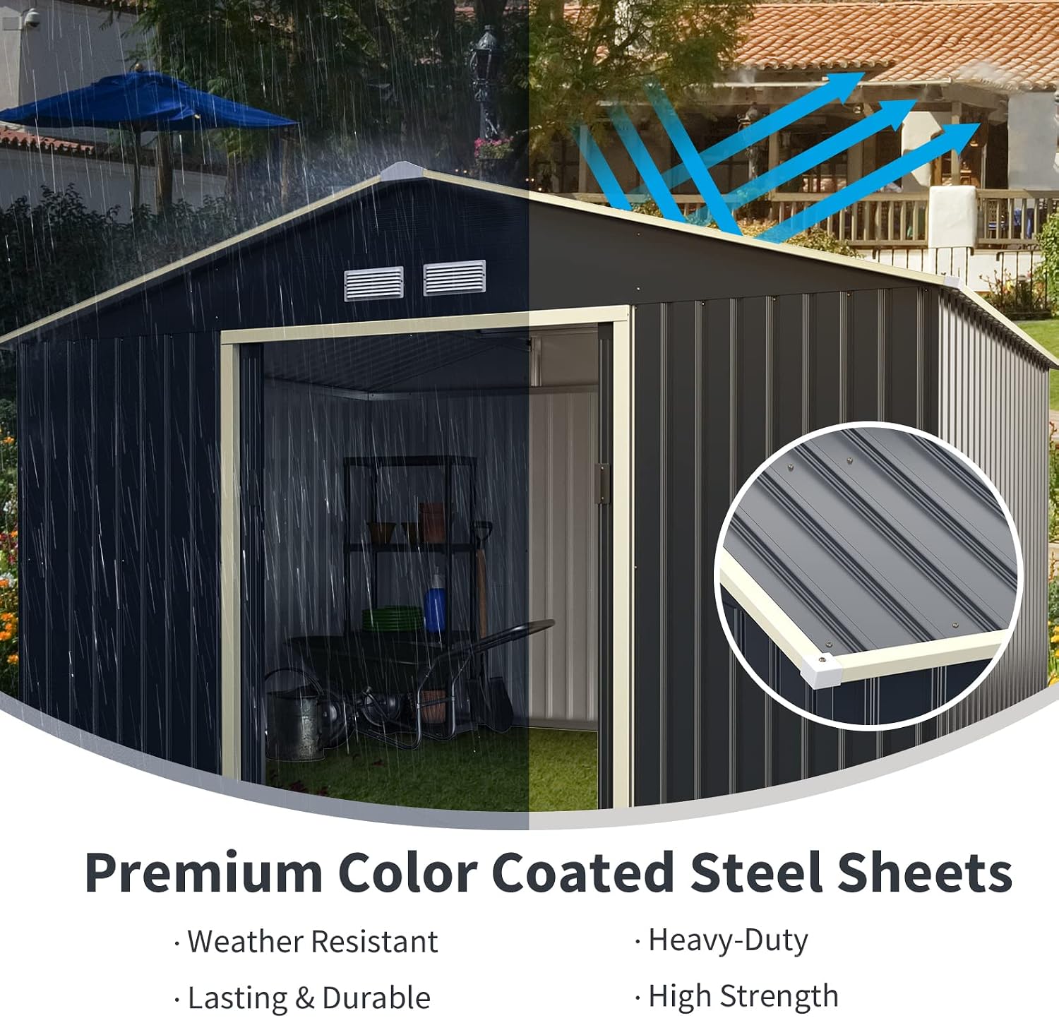 Goplus Outdoor Storage Shed, 11' X 8' Metal Garden Shed with 4 Vents & Double Sliding Door, Utility Tool Shed Storage House for Backyard, Patio, Lawn
