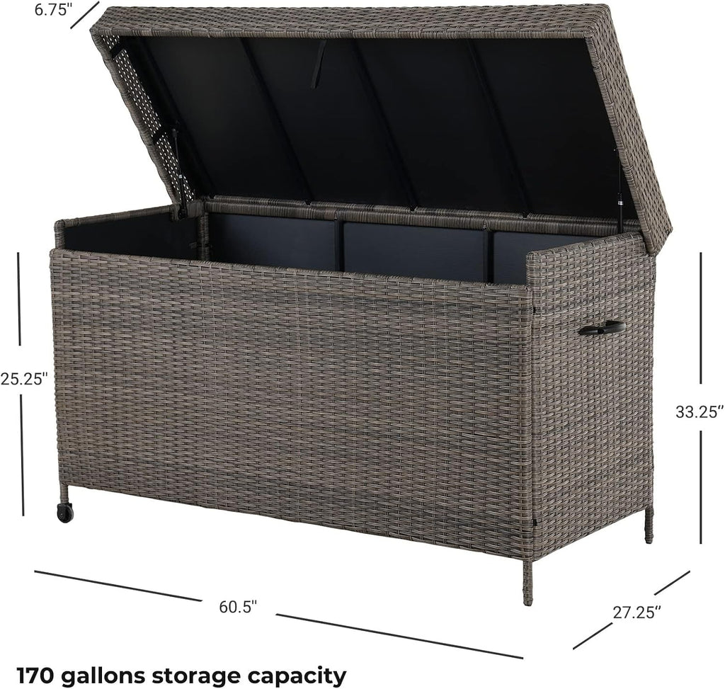 Grand patio 170 Gallon Deck Storage Box Outdoor Storage Box Patio Storage Deck Box Indoor Wicker Storage Bin Patio Storage Box for Patio Furniture Cushions Garden Tools Pool Accessories, Light Brown