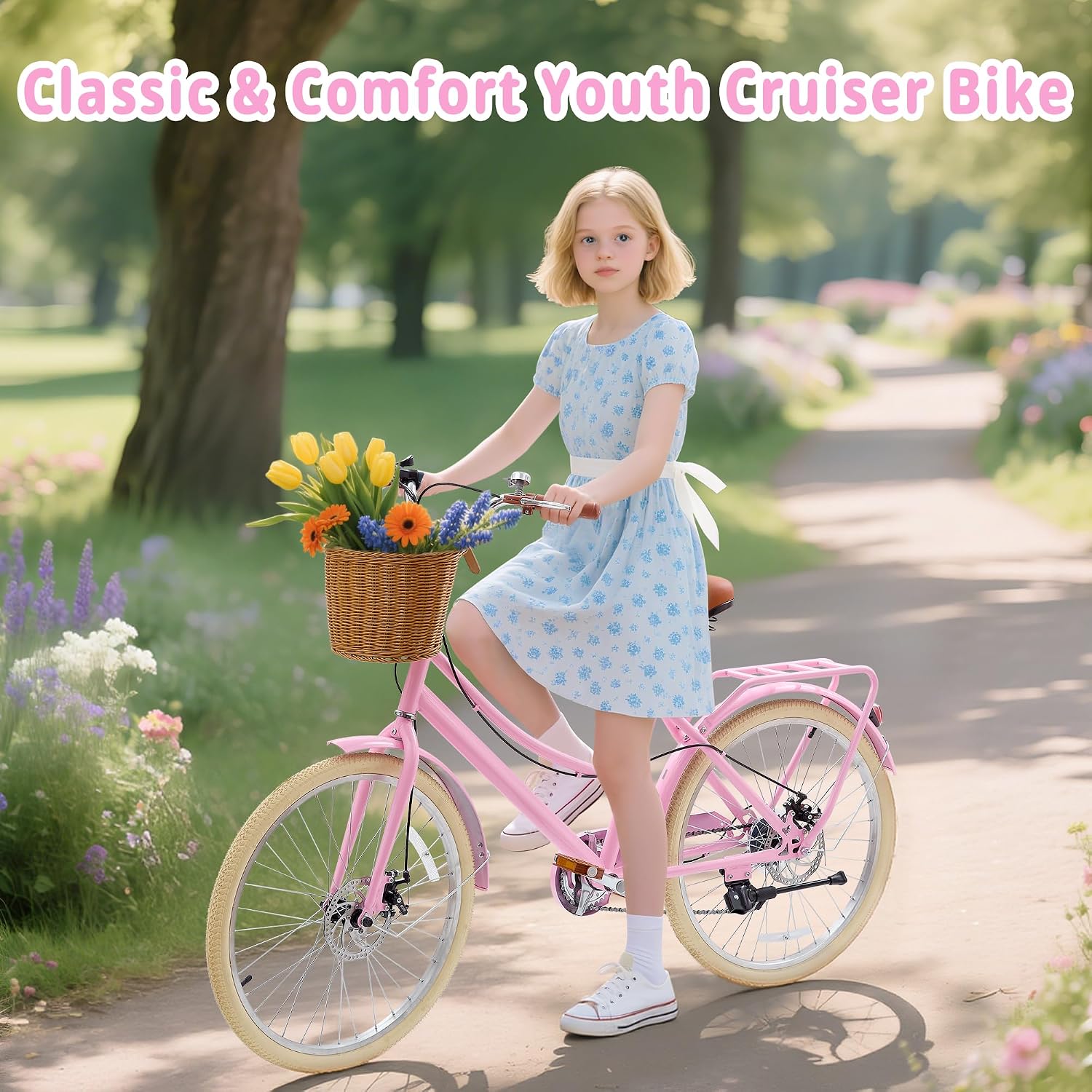 DEYGIA Kids Bike, Retro Cruiser Bike for Girls, 20 24 Inch 7-Speed Kids Bicycles for Ages 6-14 Girls Youth with Rattan Basket, Dual-Disc Brake Carbon Steel Frame Lightweight Bicycle, Multiple Colors