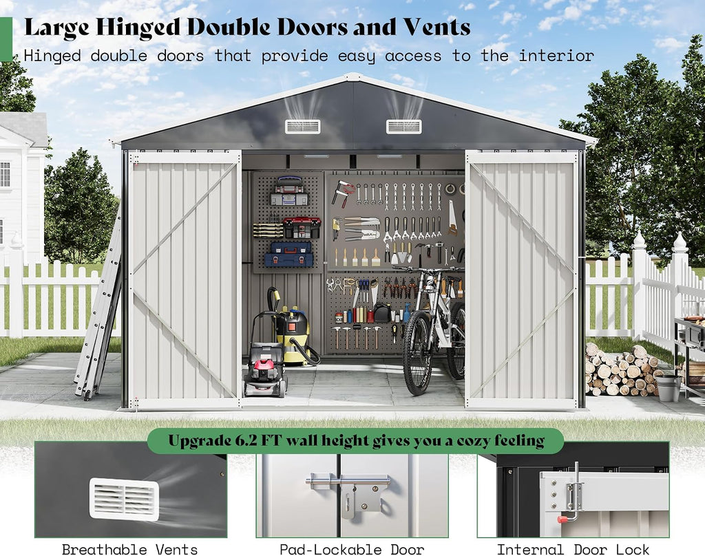 AMERLIFE 10x12x7 FT Outdoor Storage Shed with 2 Transparent Panels, Metal Garden Shed with Hinged Double Doors, 2 Windows & 4 Vents, Reinforced Steel Frame for Garden, Backyard, Dark Gray