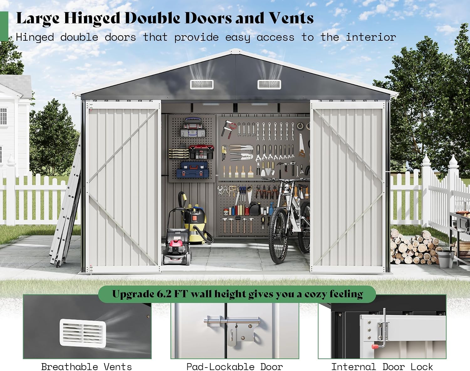 AMERLIFE 10x12x7 FT Outdoor Storage Shed with 2 Transparent Panels, Metal Garden Shed with Hinged Double Doors, 2 Windows & 4 Vents, Reinforced Steel Frame for Garden, Backyard, Dark Gray