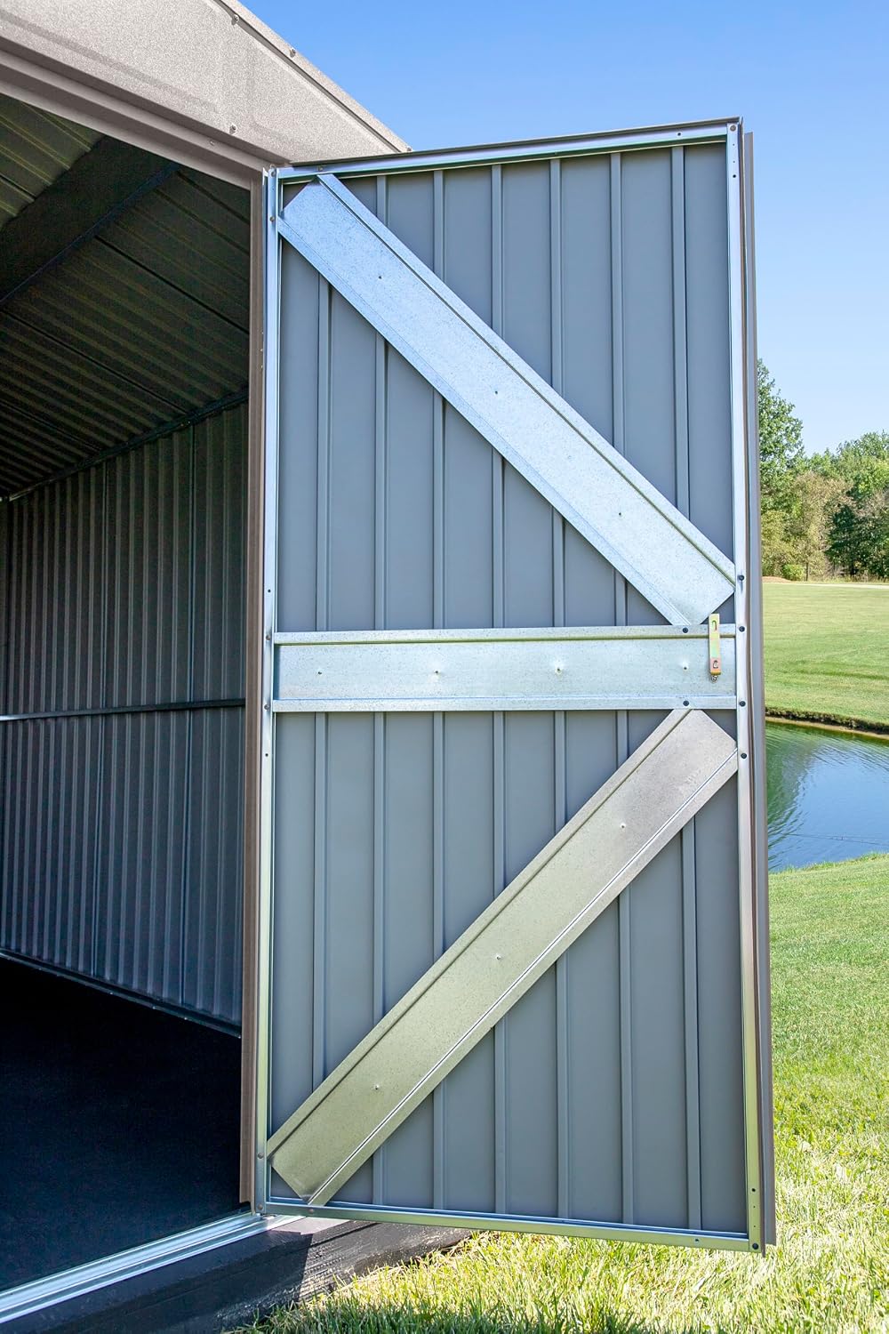 Arrow Shed Elite 14' x 16' Tall Outdoor Steel Storage Shed with High Gable and Lockable Doors Storage Building, Cool Grey
