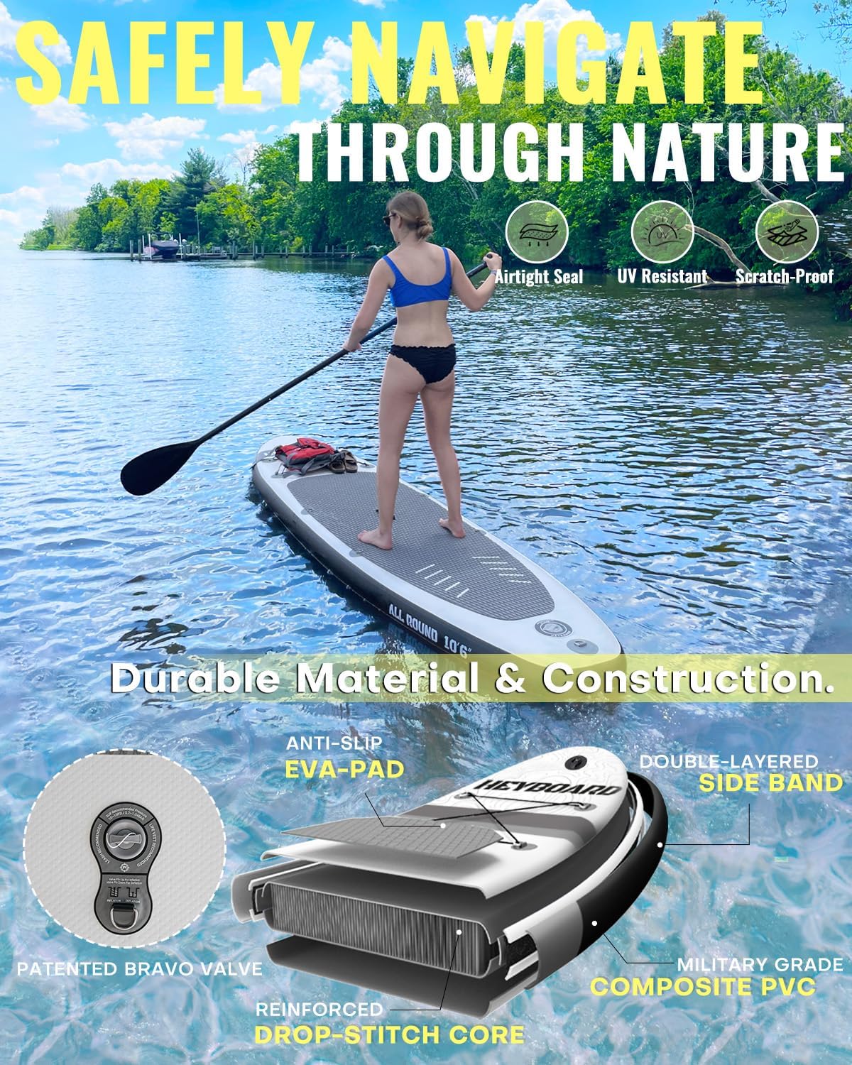HEYBOARD Inflatable Stand Up Paddle Board 10'6'×32'×6' Standup Paddleboard with Premium SUP Accessories & Backpack, Non-Slip Deck, Waterproof Bag, Leash, Paddle, Hand Pump