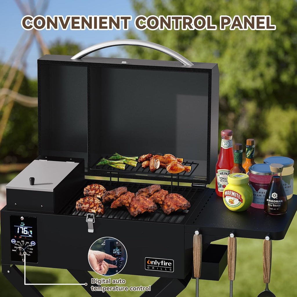 ONLYFIRE GRILLS BBQ Wood Pellet Grill Smoker with Foldable Cart, Meat Probe, 2 Tiers Cooking Area, Portable Grilling Stove for Outdoor Kitchen Cooking Smoke and Roast, RV Camping, Black GS343