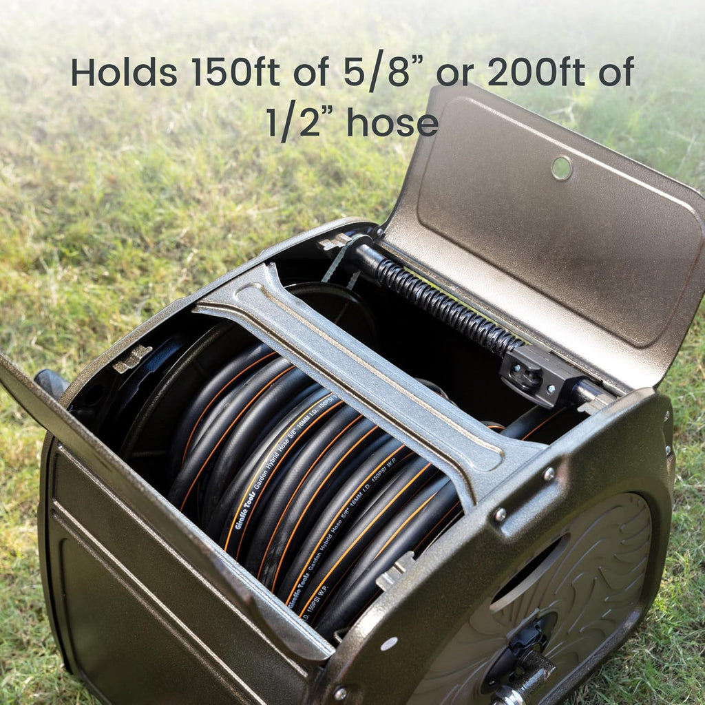 Giraffe Tools SW5 Metal Hose Reel Box, Heavy Duty Garden Hose Storage Reel Hideaway, Crank Handle, 150ft 5/8' Hose Capacity, Green