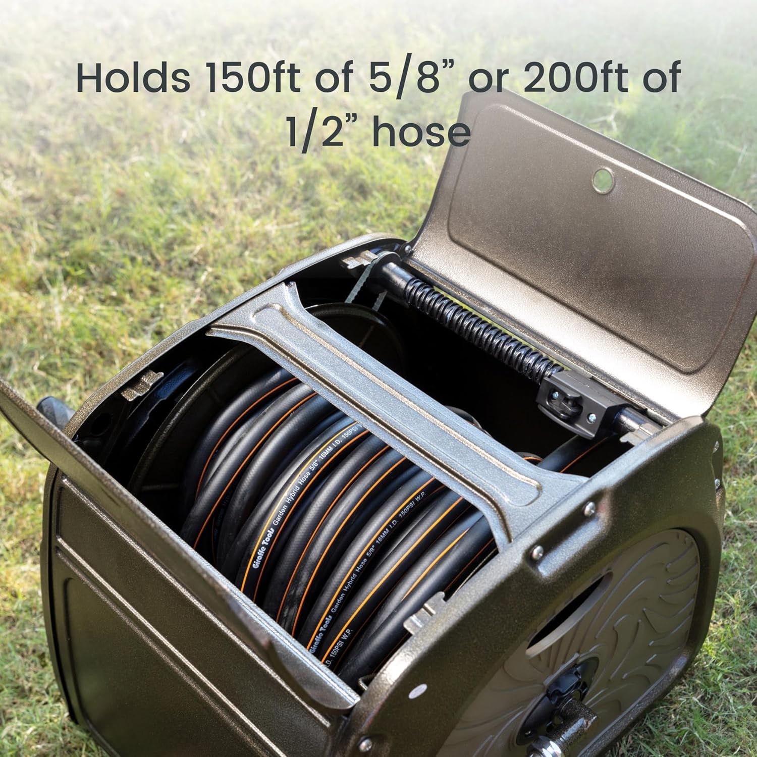Giraffe Tools SW5 Metal Hose Reel Box, Heavy Duty Garden Hose Storage Reel Hideaway, Crank Handle, 150ft 5/8' Hose Capacity, Green