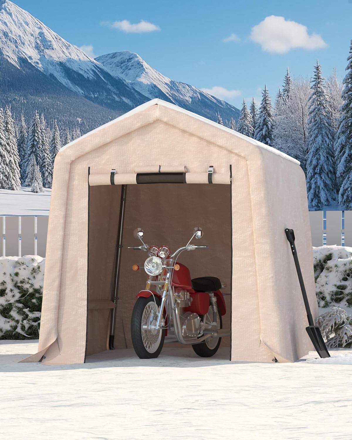 6x6FT Outdoor Portable Storage Shed with Roll-Up Door & Vent, 240G Heavy-Duty Shelter Waterproof PE Tarp, UV-Resistant Storage Sheds for Motorcycle, Firewood, Garden and Tools, Gray (Khaki, 6x6FT)
