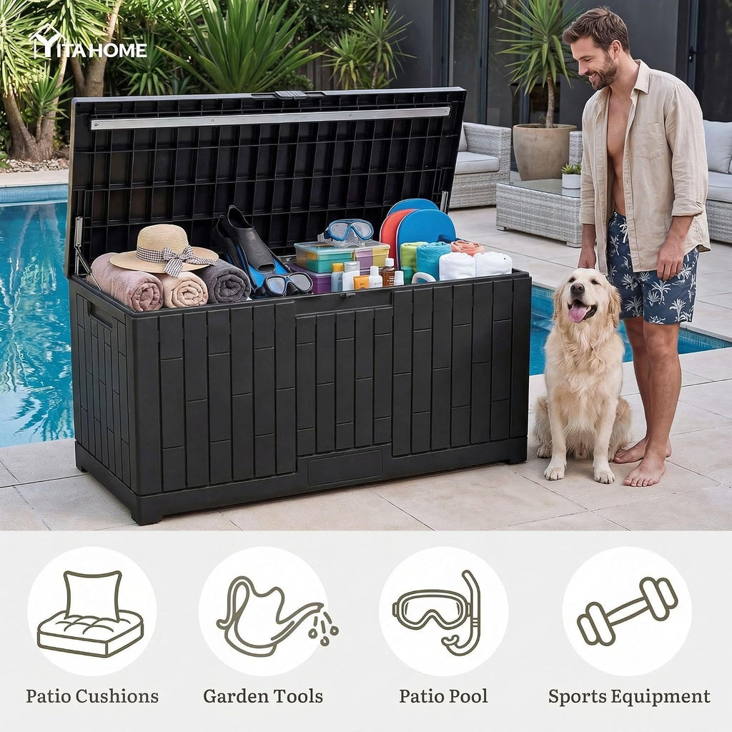 YITAHOME 120 Gallon Large Deck Box, 53'L x 22.7'W x 25.5'H Resin Outdoor Storage Box with Slide-Locking Lid for Patio Cushions, Garden Tools, Pool Supplies, Easy Assembly, Waterproof Lockable, Black