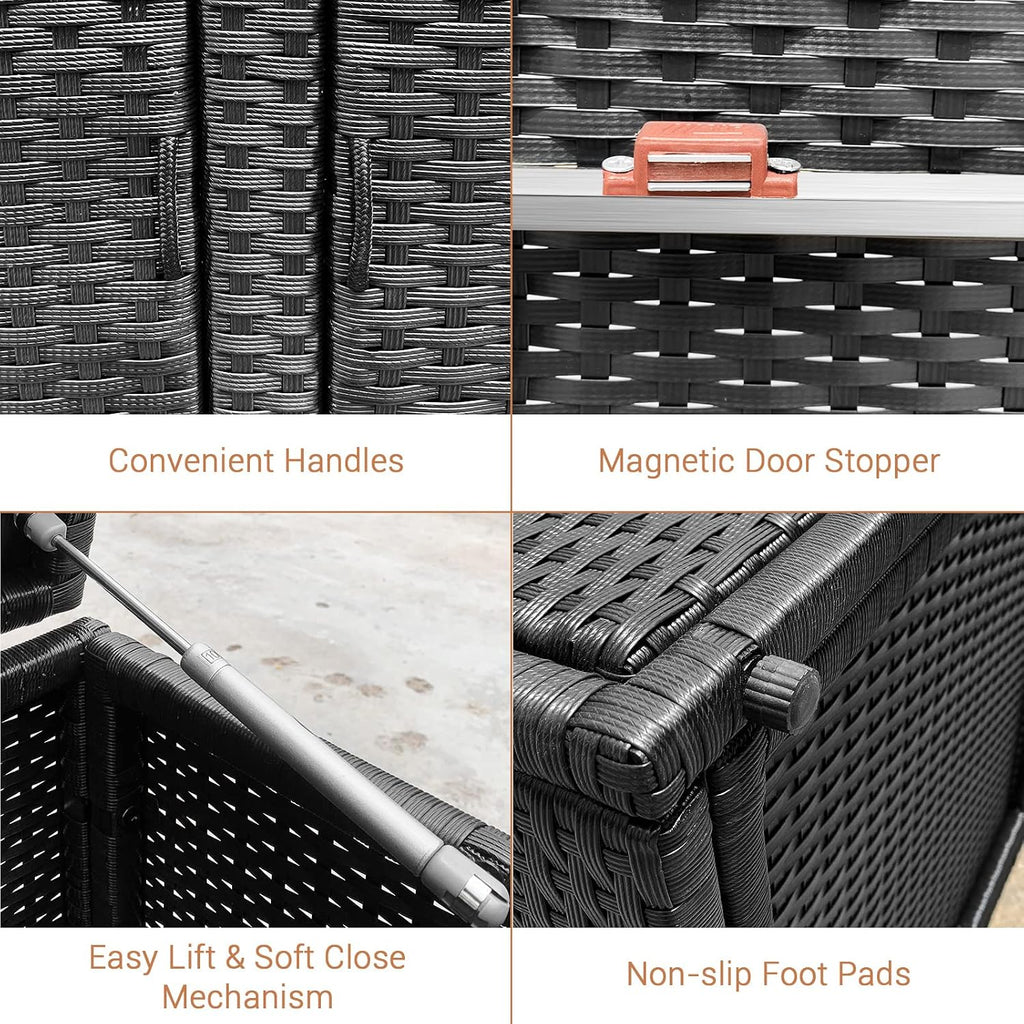 Giantex Rattan Deck Box Outdoor&Indoor 88 Gallon Wicker Storage Bench W/Separate Storage Shelf, Openable Door, Steel Fram, Tools Storage for Patio,Garden, Balcony, Porch, Yard Storage Box (Black)
