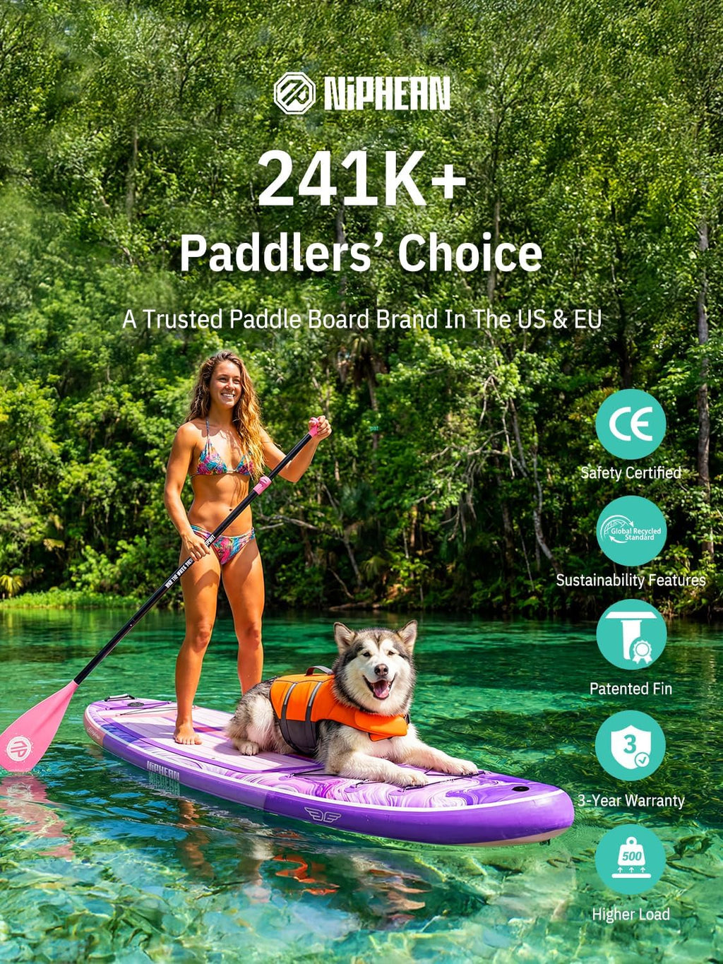 Niphean (Extra Large) Inflatable Paddle Board, SUP for 2+1 People/Family 500lbs Capacity Stand Up Paddle Board with SUP Accessories, StabilTrac Fin Non-Slip Paddleboard for Adults