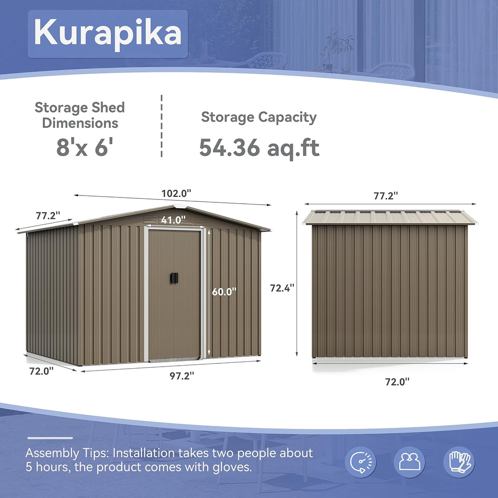 Kurapika 8×6 FT Metal Outdoor Storage Shed Large Tool Shed with Floor, Lockable Door, for Garden, Patio, Backyard, Lawn(Brown)