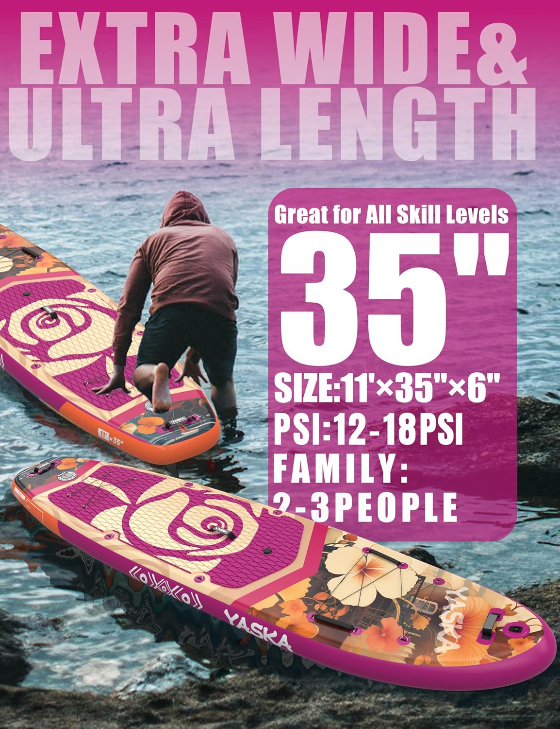 YASKA Inflatable Stand up Paddle Board 11ft with Premium SUP Accessories,Extra Wide Design Non-Slip Paddleboard for Beginner Adults Advenor Yoga Fishing