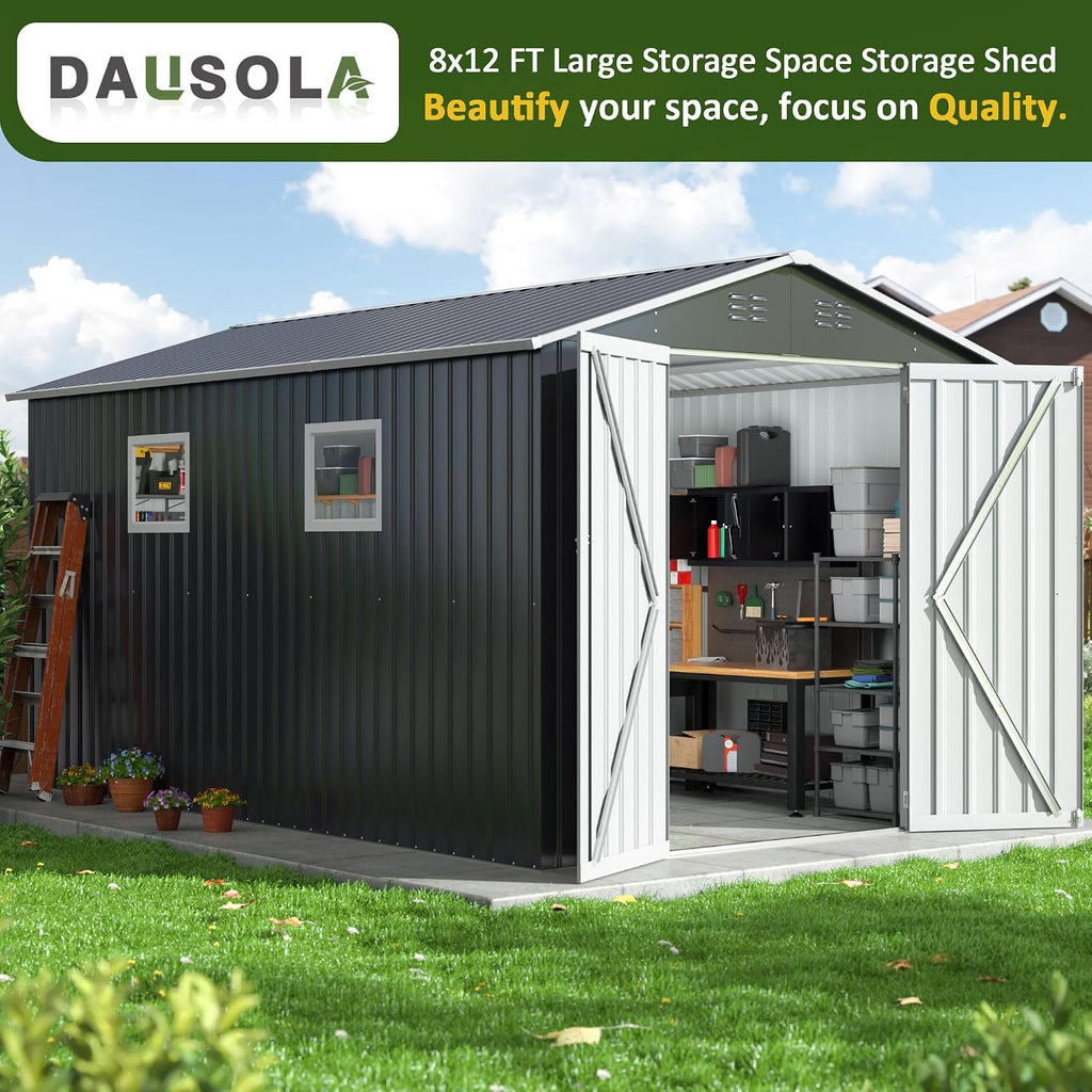 DAUSOLA 8x11.6 FT Outdoor Storage Shed, Metal Garden Tool Shed with Updated Frame Structure, Lockable Doors and Windows, Ideal for Backyard Garden Patio Lawn, Grey