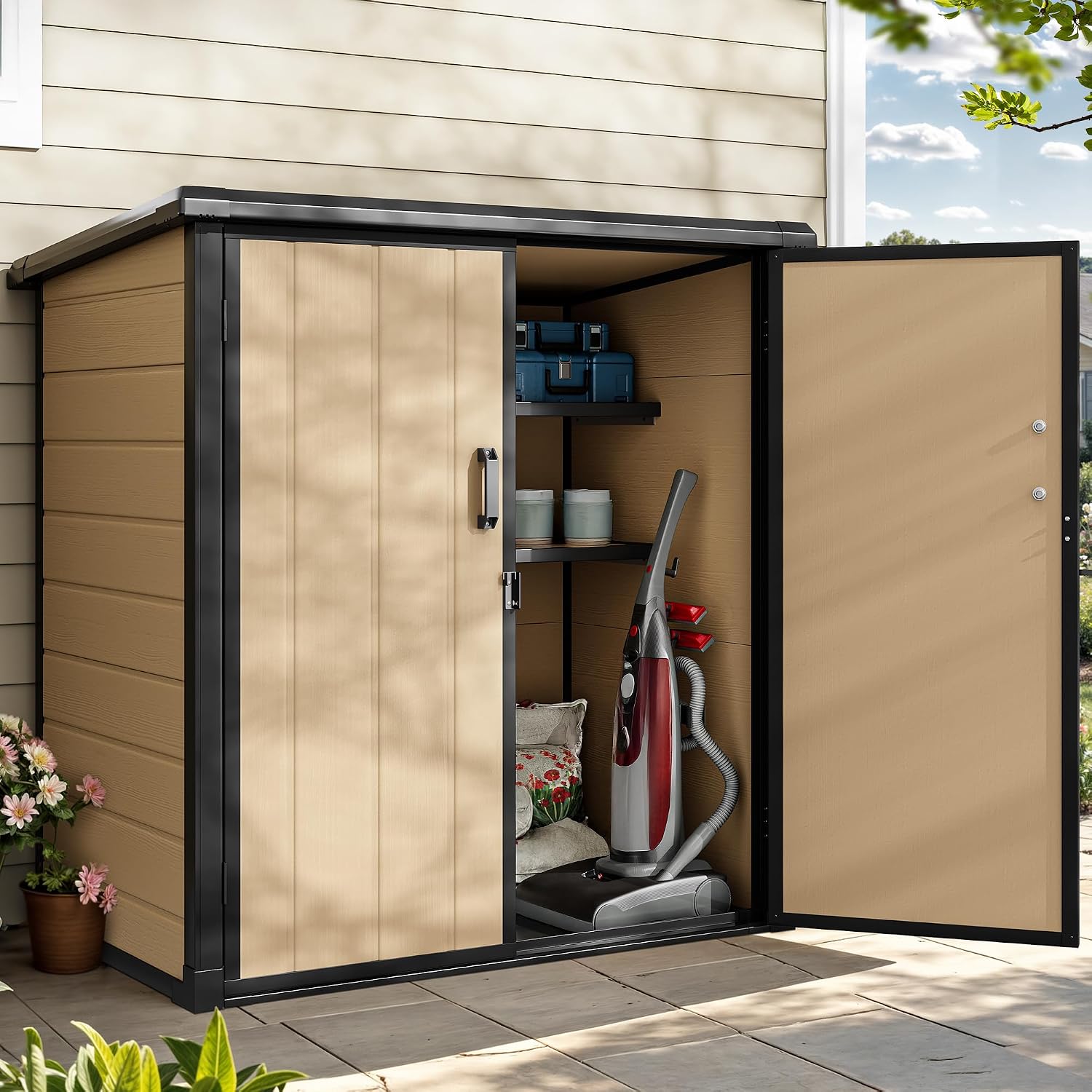 DWVO 54 cuft Outdoor Storage Shed with 2 Shelves, 4.2x2.6x5ft Vertical Tool Shed with Floor & Lockable Doors, Sturdy Double-Wall Plastic Cabinet for Garbage Cans and Garden Equipment (Brown)
