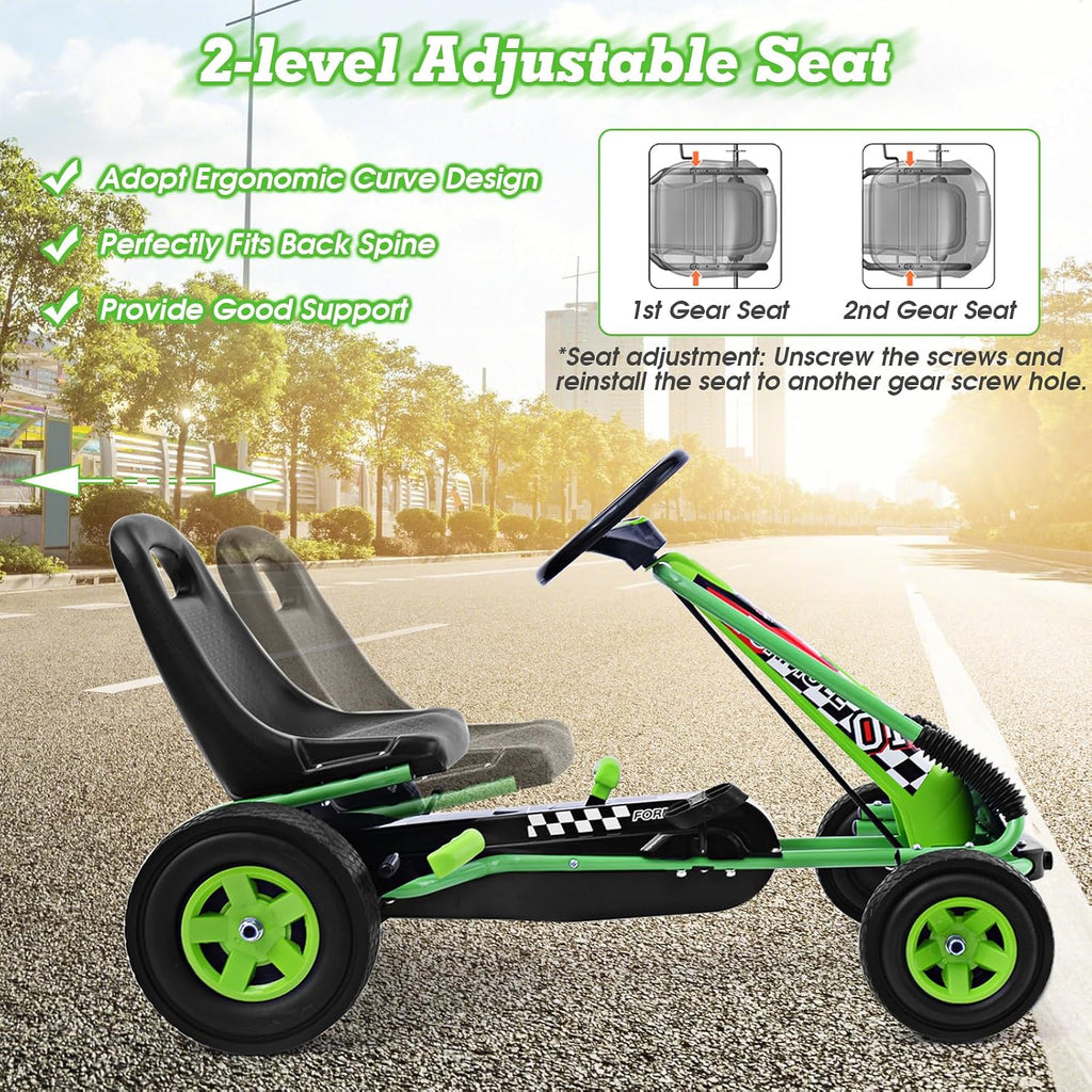 HONEY JOY Go Kart for Kids, 4 Wheel Quad Off-Road Pedal On Foot Go Cart w/Steering Wheels & Adjustable Seat, 2 Safety Brakes, EVA Tires, Clutch, Outdoor Racer Ride On Pedal Car (Green)