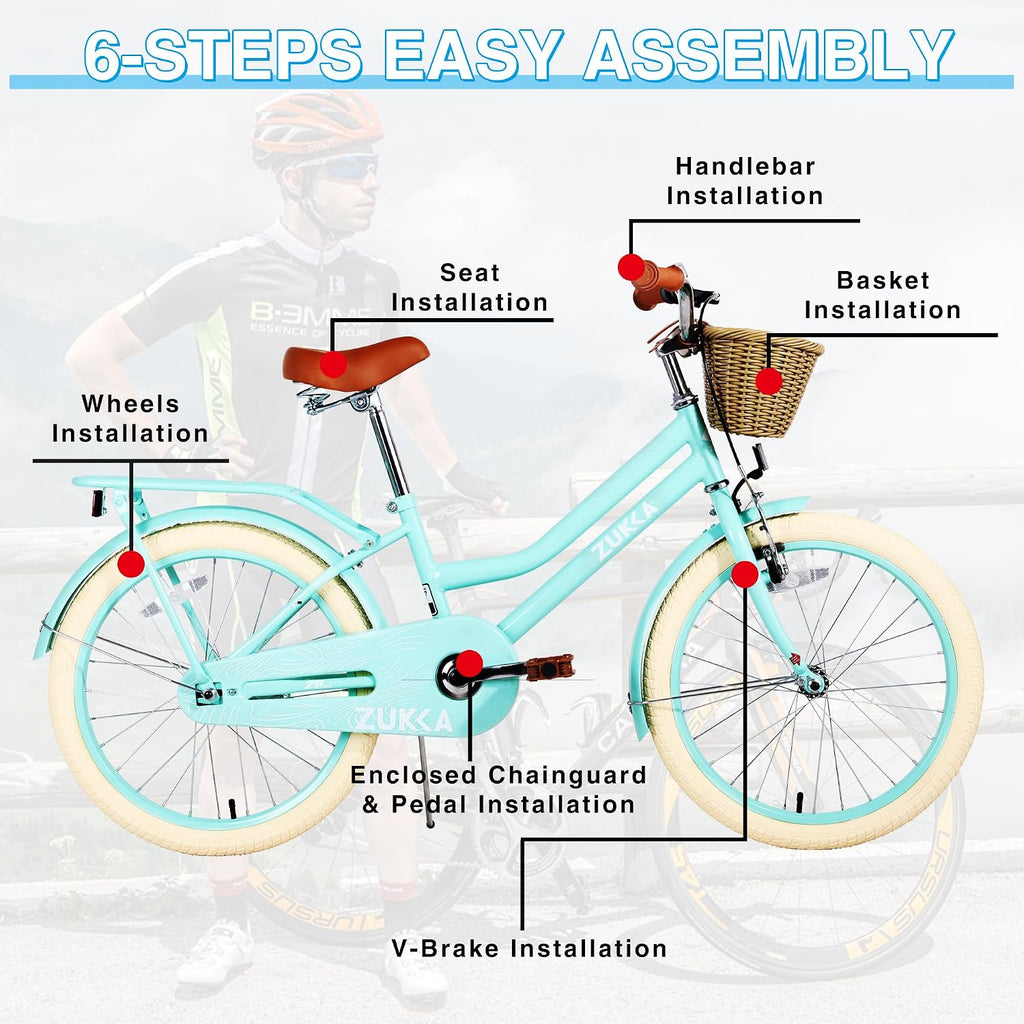 20'/24' Inch Girls Cruiser Bike 1-Speed Hybrid City Bicycle for Youth 7-10+ Years Old with Wicker Basket & Rear Rack，Kids Cycle Bikes，Hand&Pedal Brake，Steel Frame，Multiple Colors