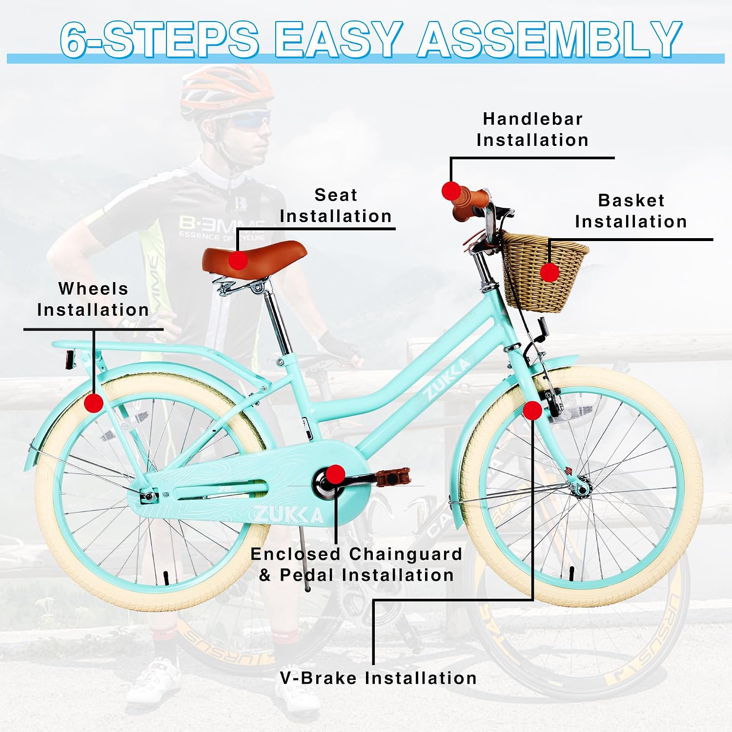 20'/24' Inch Girls Cruiser Bike 1-Speed Hybrid City Bicycle for Youth 7-10+ Years Old with Wicker Basket & Rear Rack，Kids Cycle Bikes，Hand&Pedal Brake，Steel Frame，Multiple Colors