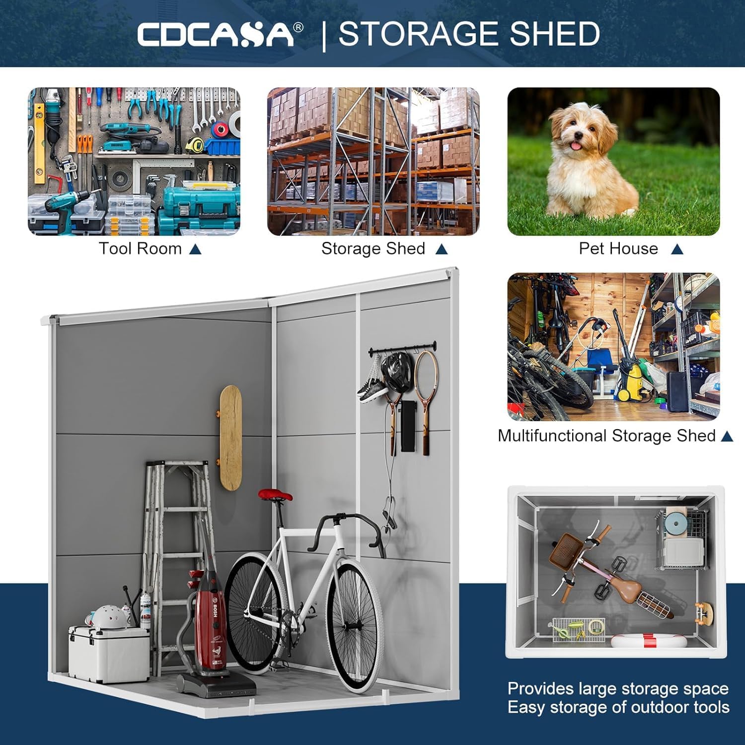 CDCASA 5x4 FT Resin Storage Shed, Waterproof Sheds & Outdoor Storage with Floor & Window & Lockable Door, Tool Shed for Garden, Patio, Backyard, Light Grey