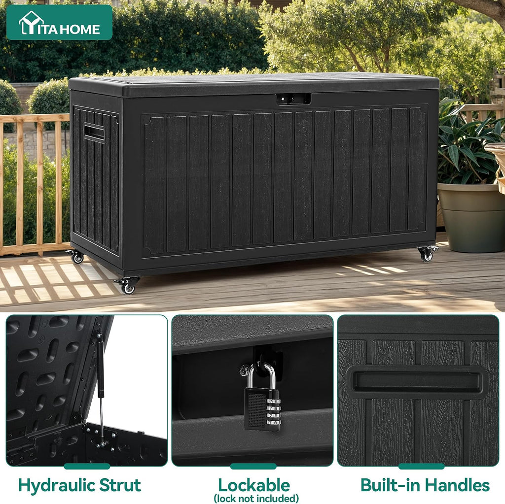 YITAHOME 90 Gallon Outdoor Storage Box with 6 Wheels, Large Double-Wall Resin Deck Box, Lockable Waterproof Outside Storage for Patio Furniture, Cushion, Pool Float, Garden Tool, Black