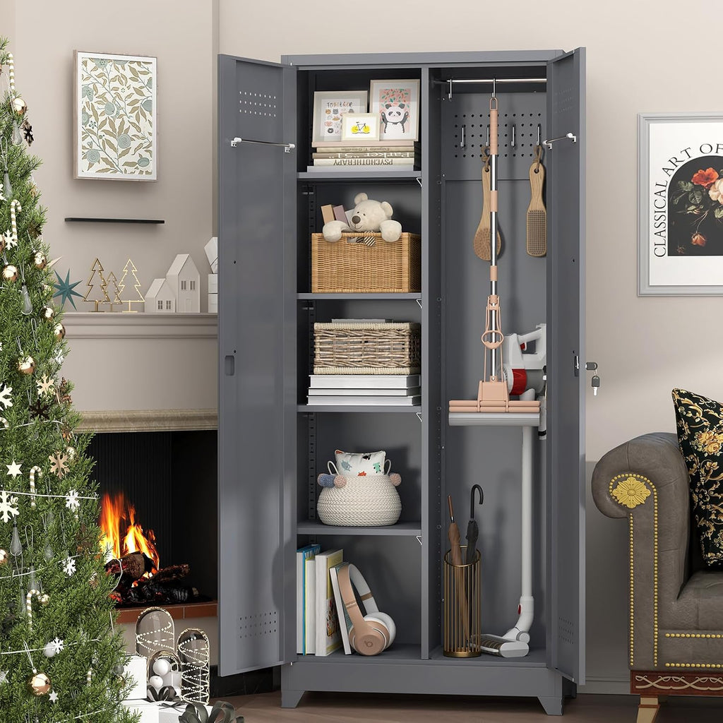 IRONFFICE Metal Garage Storage Cabinets,Metal Broom Closet Storage Cabinet,Utility Cabinets for Brooms and Mops,Steel Tall Cabinet with Shelves for Laundry Room,Bathroom,Home,Grey