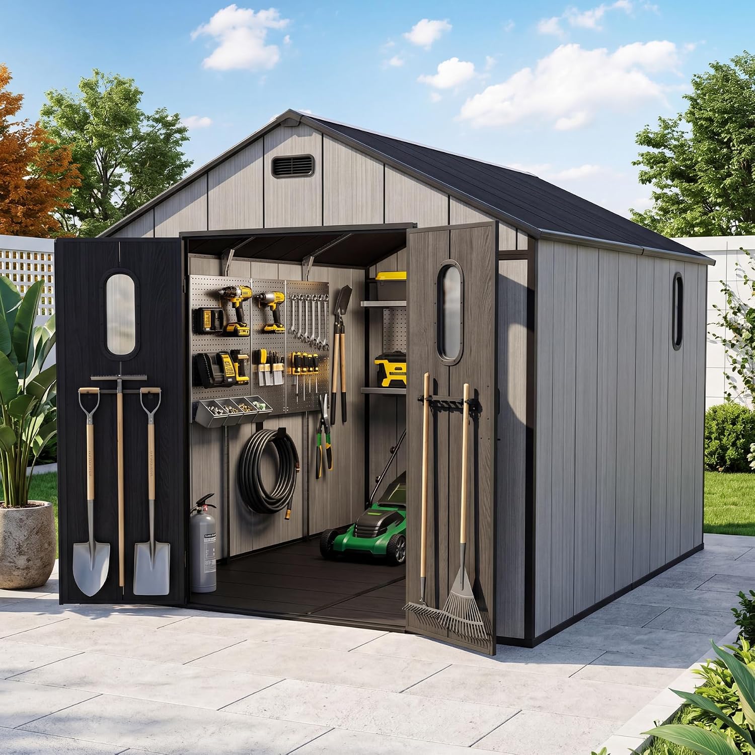 Domi 8x10Ft Resin Outdoor Storage Shed with Floor, Plastic Garden Storage Shed, Outside Weatherproof Storage Building for Tools, Bike, Lawn Mower, Patio, Backyard