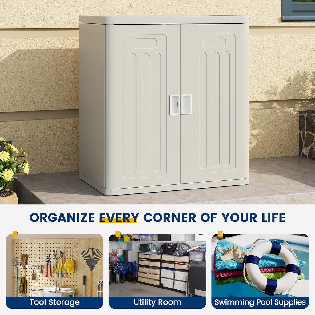 UDPATIO Resin Outdoor Storage Cabinet with Lockable Doors, 30' W x 20' D x 35' H Dark Grey Garage Cabinet,Small Shed for Organized Storage in Patio, Garage and Kitchen，, Grey