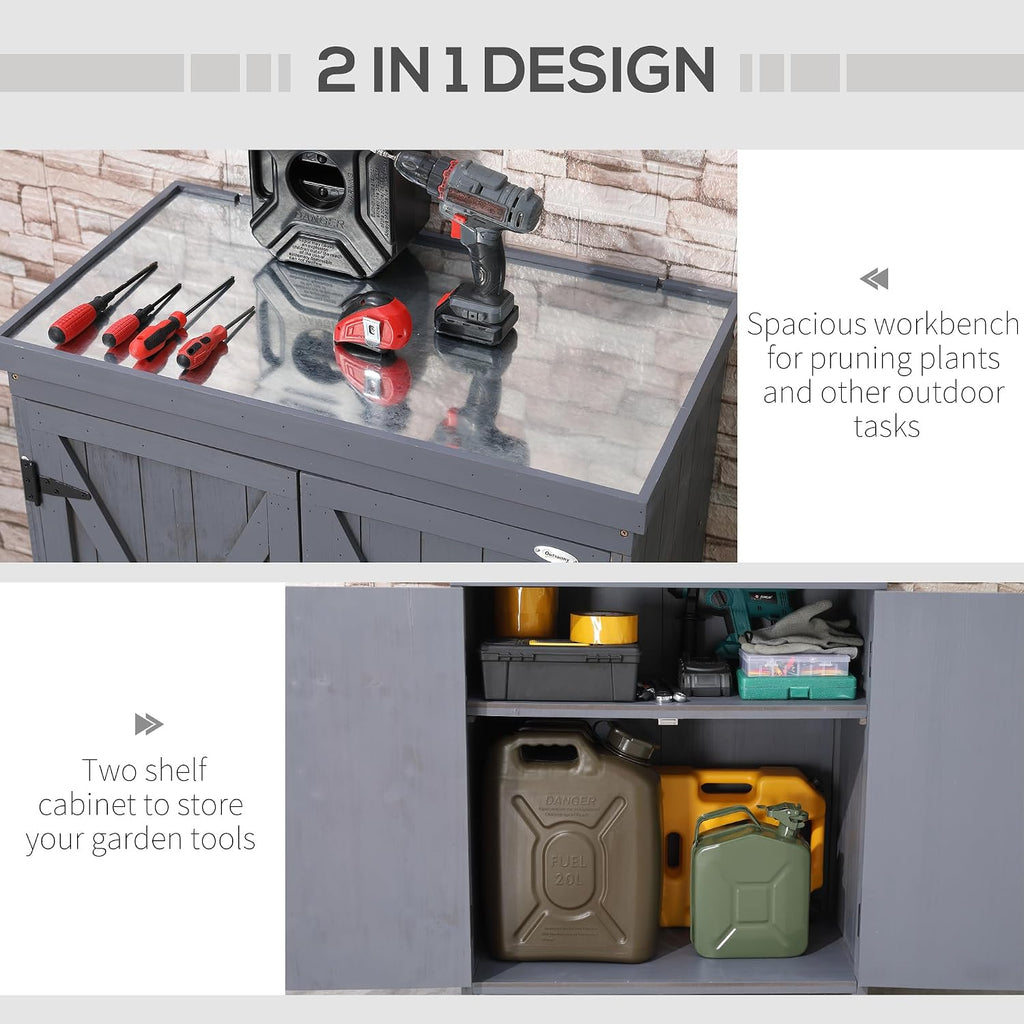 Outsunny Outdoor Storage Cabinet, Outdoor Tool Shed with Galvanized Top and Two Shelves for Yard Tools or Pool Accessories, Gray