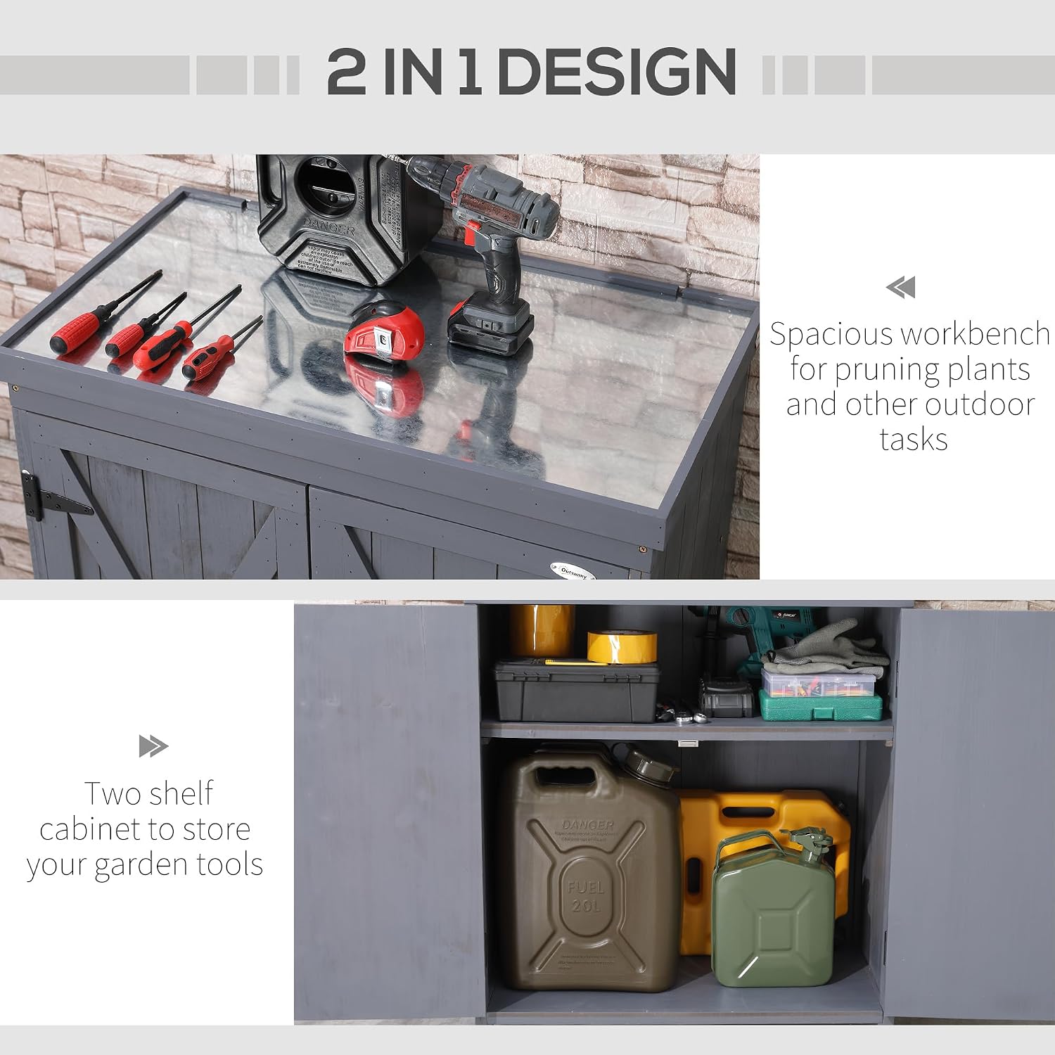 Outsunny Outdoor Storage Cabinet, Outdoor Tool Shed with Galvanized Top and Two Shelves for Yard Tools or Pool Accessories, Gray