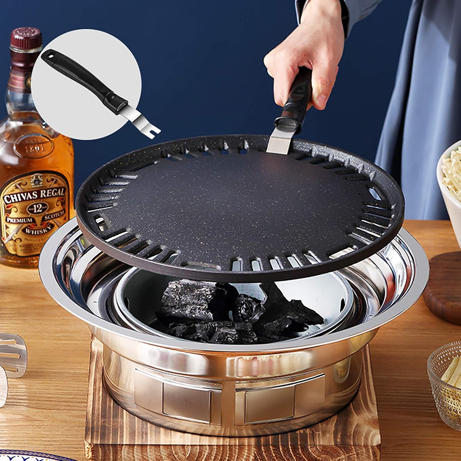 BBQ Barbeque Barbecue Grill, BBQ, Household Charcoal Smokeless Maifan Stone Baking Pan, Indoor and Outdoor Korean 6-8 People (Color : C, Size 40cm13.5cm), 40cm*13.5cm