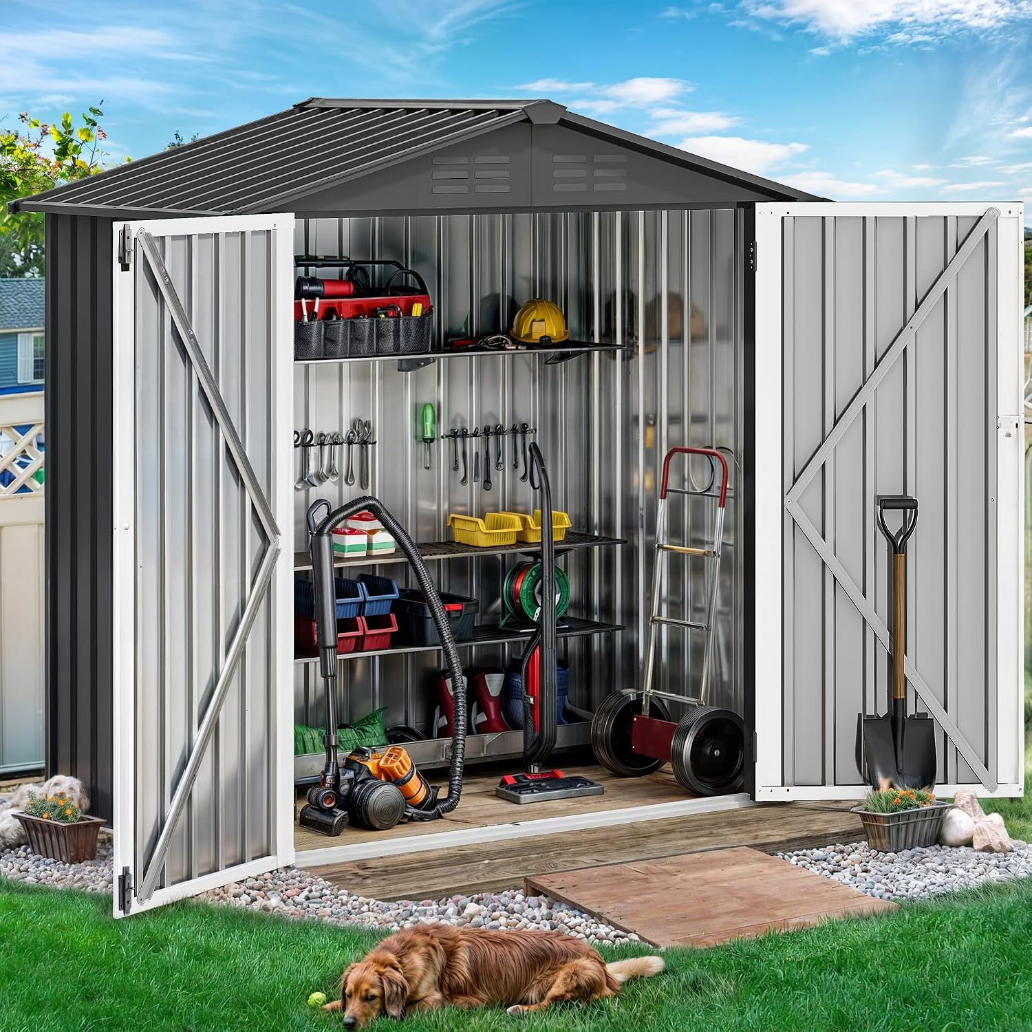 DWVO 6' x 4' Outdoor Storage Shed, Large Metal Tool Sheds, Heavy Duty Storage House with Lockable Doors & Air Vent for Backyard Patio Lawn to Store Bikes, Tools, Lawnmowers,Dark Gray
