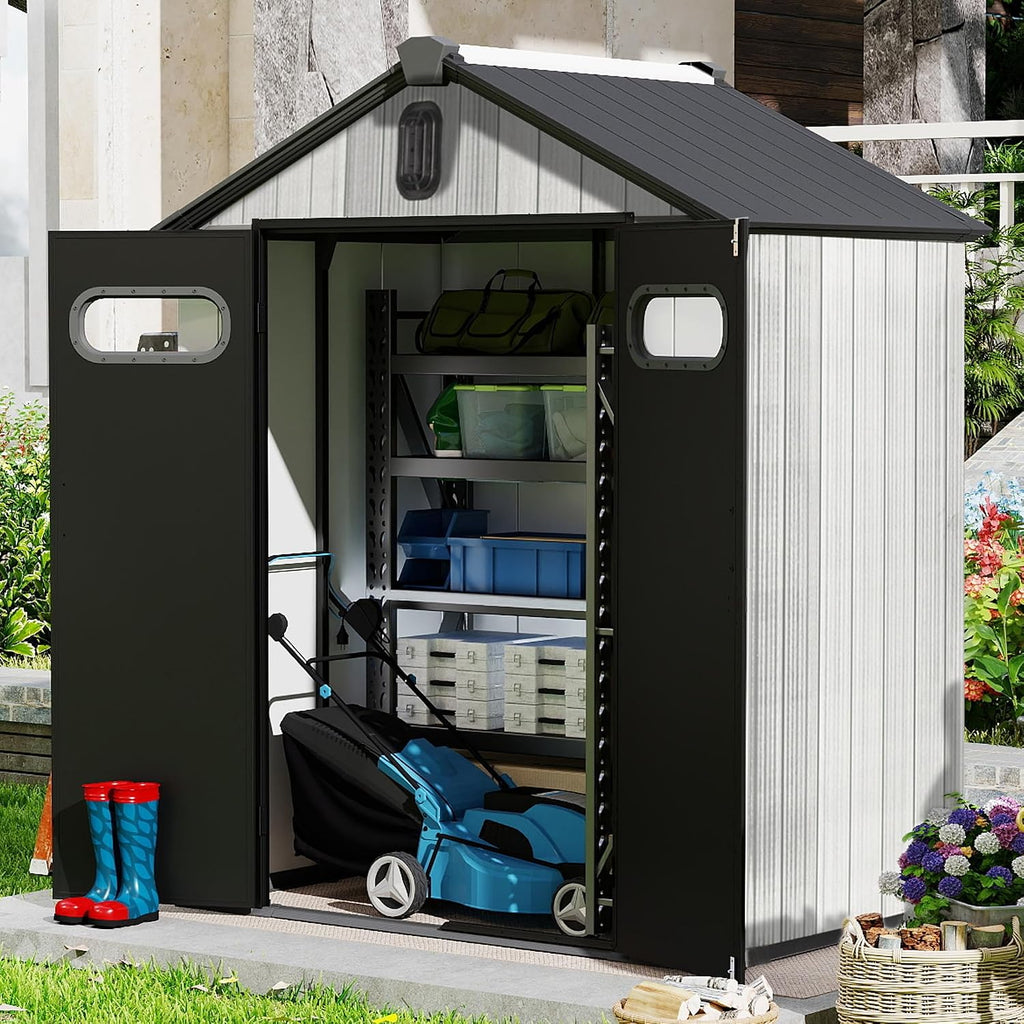 Domi 6x4 FT Outdoor Resin Storage Shed, All-Weather Double-Wall Storage Building for Backyard, Garden, Lawn Tools, Mower, Bike & Pool Equipment, Lockable Doors, Ventilated Roof, Grey