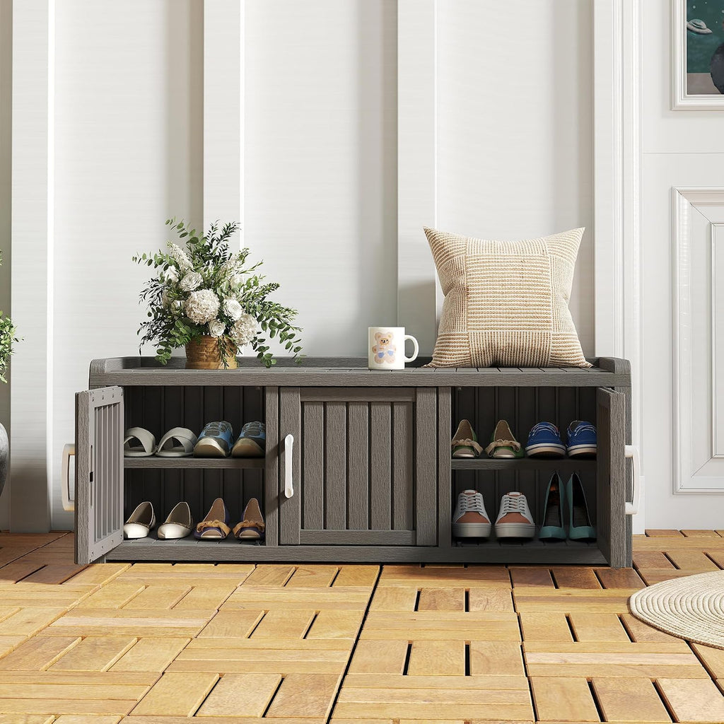 NUNU LAB Shoe Storage Cabinet, Waterproof Shoe Organizer with Adjustable Shelves, UV-Resistant Entryway Shoe Cabinet Bench with 3 Barn Doors for Indoor Outdoor, Foyer, Hallway, Living Room,Grey