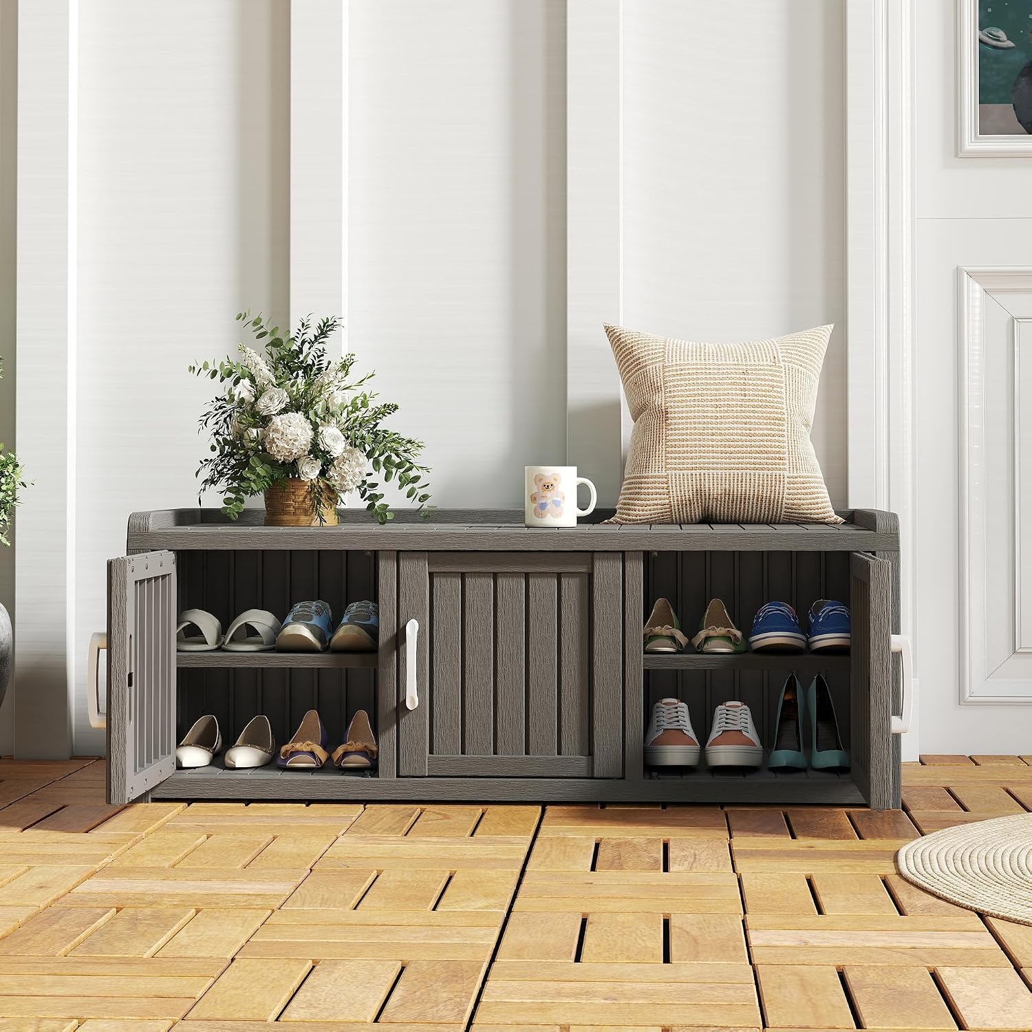 NUNU LAB Shoe Storage Cabinet, Waterproof Shoe Organizer with Adjustable Shelves, UV-Resistant Entryway Shoe Cabinet Bench with 3 Barn Doors for Indoor Outdoor, Foyer, Hallway, Living Room,Grey