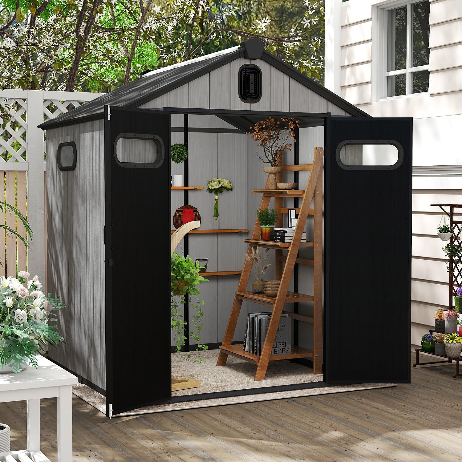 Domi 6x6Ft Resin Outdoor Storage Shed, Small Plastic Garden Shed with Carpet, Outside Weatherproof Storage Building for Tools, Bike, Lawn Mower, Patio, Backyard