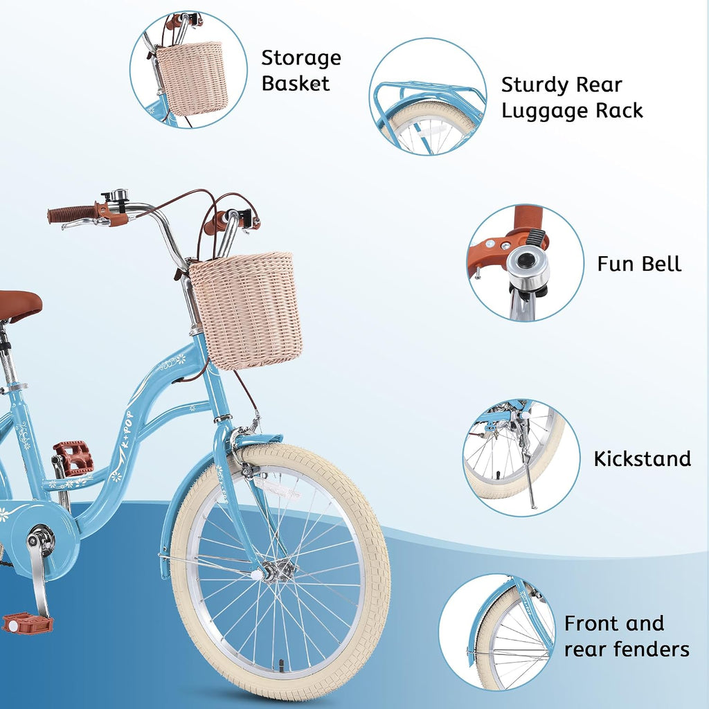 Girls Bikes Ages 8-12, 20 Inch Girls Bike Kids Bicycle with Basket, Lightweight Kids' Bicycles with Front and Rear Brakes, Cruiser Bike for Children, Multiple Colors