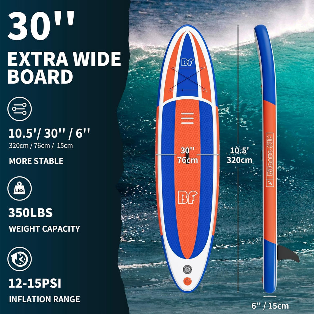 Bifanuo Inflatable Stand Up Paddle Board with SUP Accessories & Backpack. Paddle Boards for Adults. Non-Slip Deck, Wide Stance, Bottom Fin, Double Action Pump.