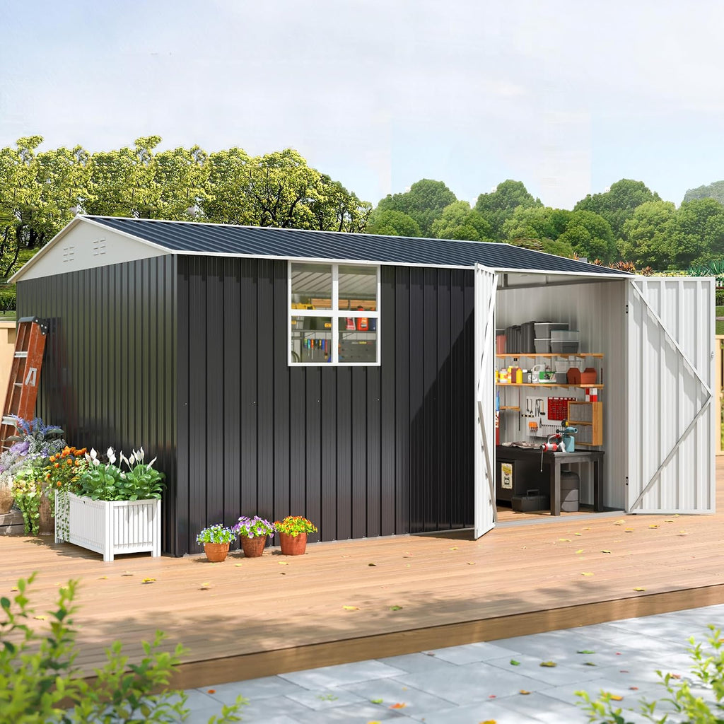 AirWire 12x10 FT Outdoor Metal Storage Shed with Window, Heavy-Duty Galvanized Steel Tool Shed with Lockable Doors, Waterproof Garden Shed for Backyard, Patio, Lawn, Black