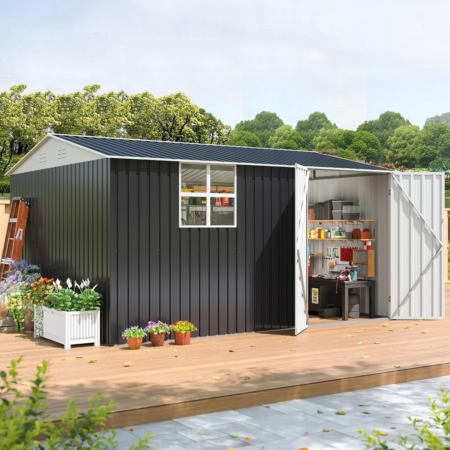 AirWire 12x10 FT Outdoor Metal Storage Shed with Window, Heavy-Duty Galvanized Steel Tool Shed with Lockable Doors, Waterproof Garden Shed for Backyard, Patio, Lawn, Black