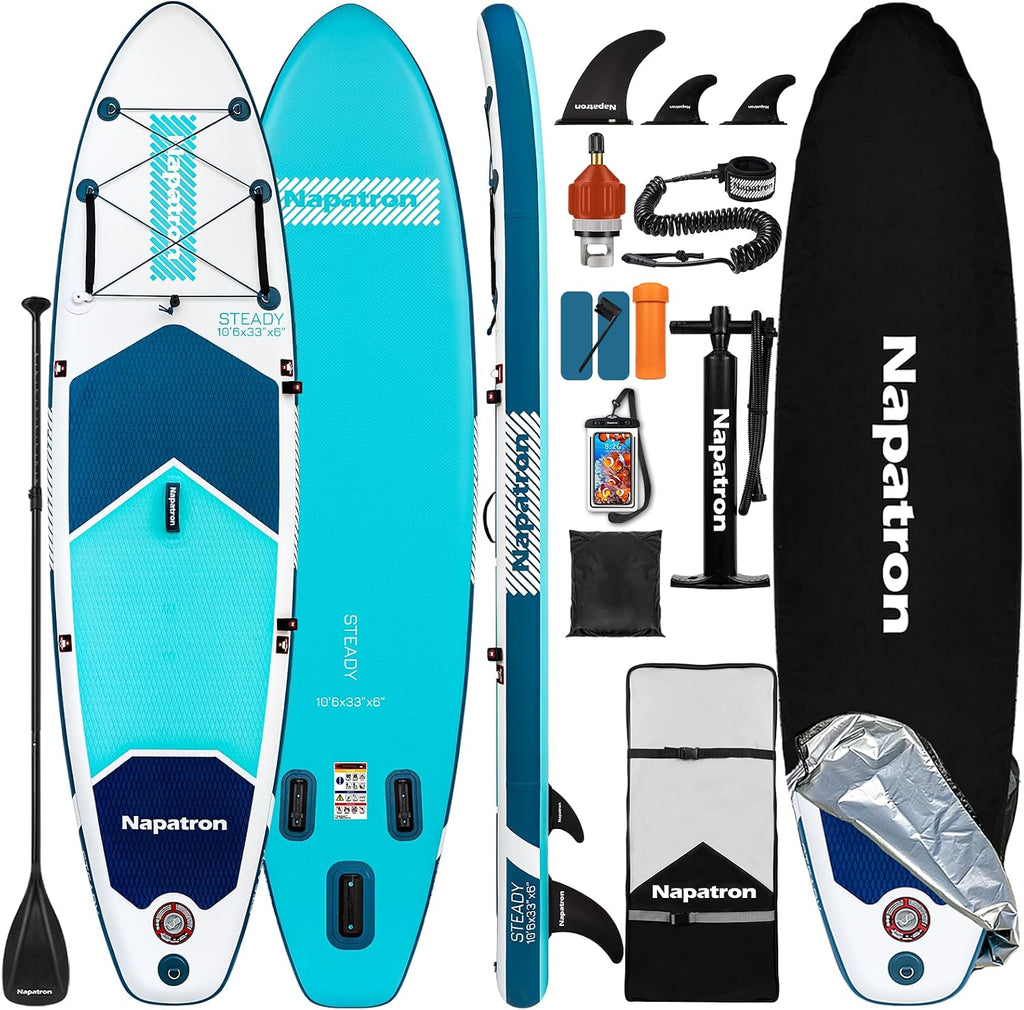 Napatron Inflatable Paddle Board, 10'6' Ultra Lightweight SUP with Adjustable Paddle, Anti-Slip Deck,Coiled Leash & Carry Bag,Stable All-Around Stand Up Paddle Board for Adults