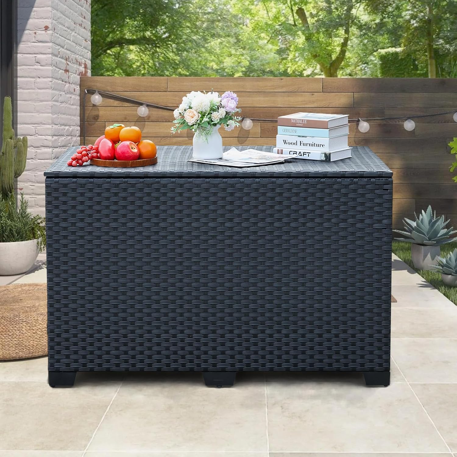 Rattan Star 140 Gallon Patio Storage Bin Wicker Outdoor Storage Box Waterproof Lining Bag Large Deck Box and Cushion Storage Bin Outdoor, Black Wicker