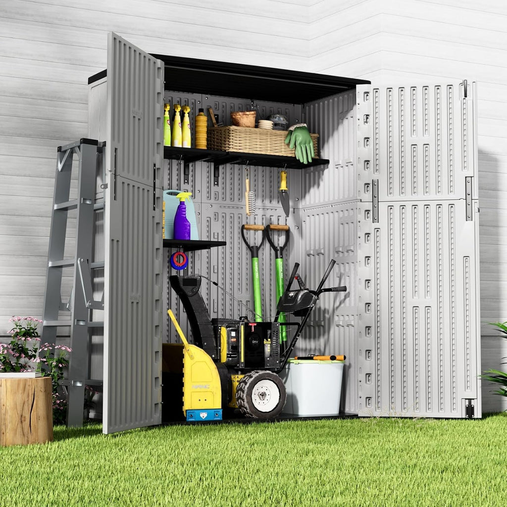 ZZM 57 Cu.ft Outdoor Storage Shed with Floor HDPE Double-Wall Resin Sheds Outdoor Storage, Lockable Weatherproof Storage Cabinet Fit for Garden Tools, Garage can, Bike, Patio Furniture, Grey