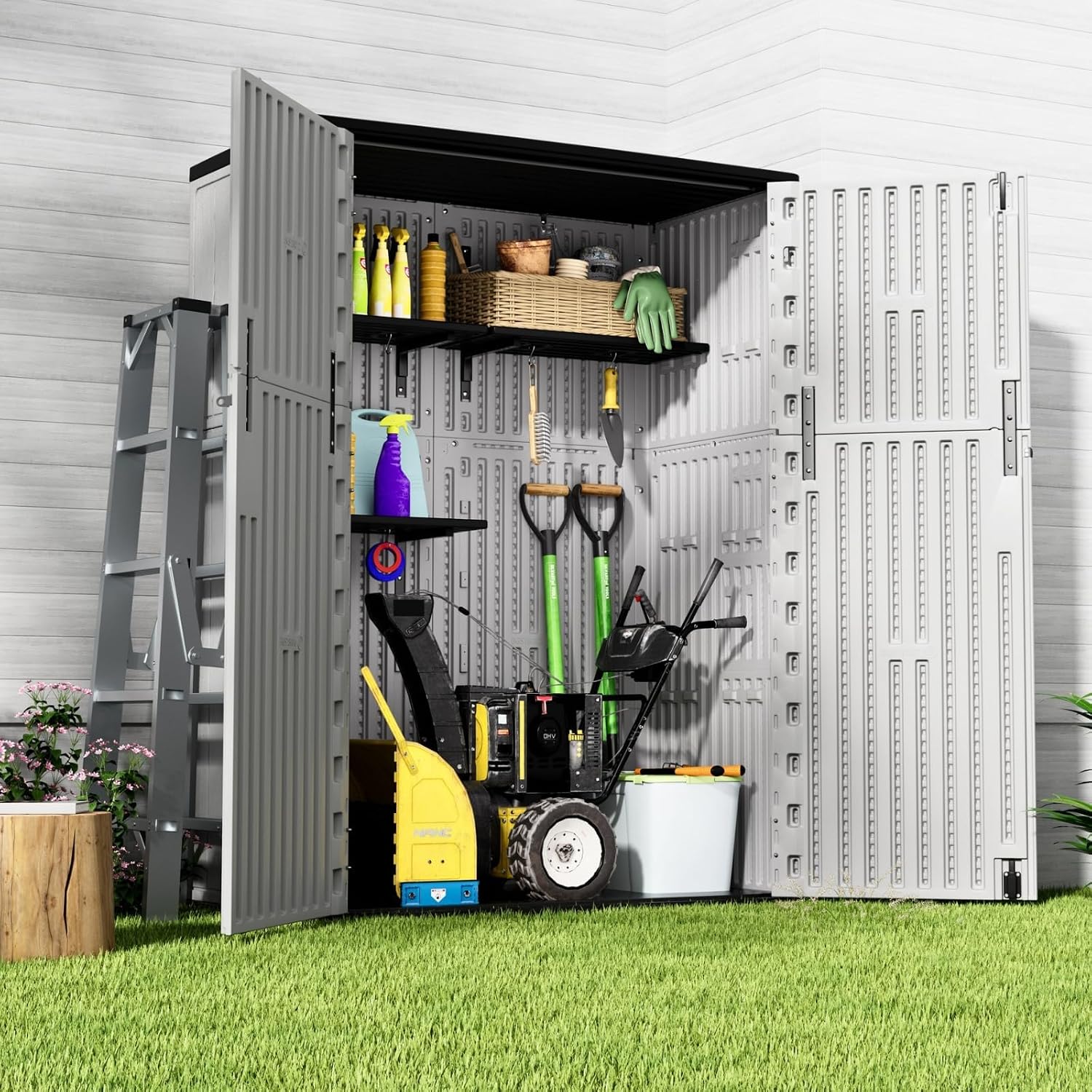 ZZM 57 Cu.ft Outdoor Storage Shed with Floor HDPE Double-Wall Resin Sheds Outdoor Storage, Lockable Weatherproof Storage Cabinet Fit for Garden Tools, Garage can, Bike, Patio Furniture, Grey