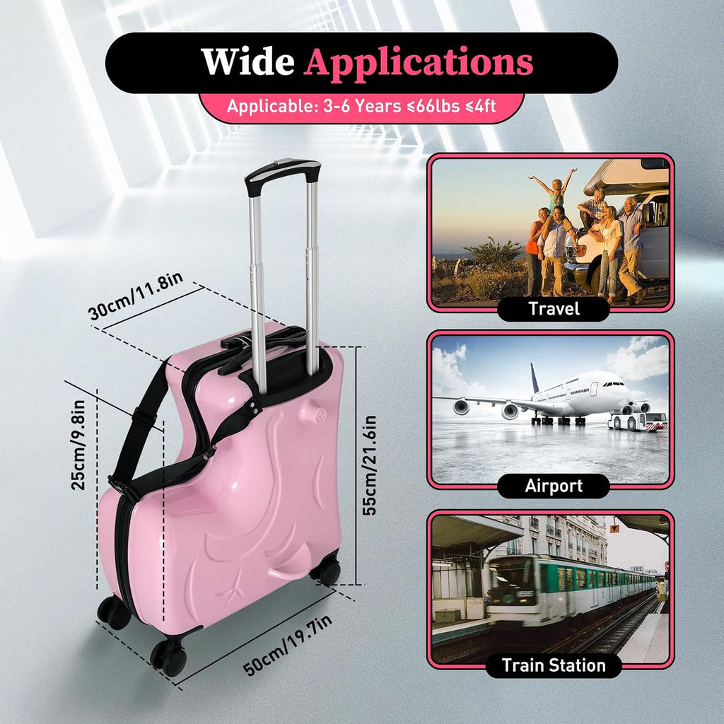 20In Portable Kids Luggage, 4 Wheels Ride-on Suitcase for Kids with Combination Lock and Safety Belt Kids Ride On Luggage Load-Bearing to 66Lbs for Travel and Business Trips